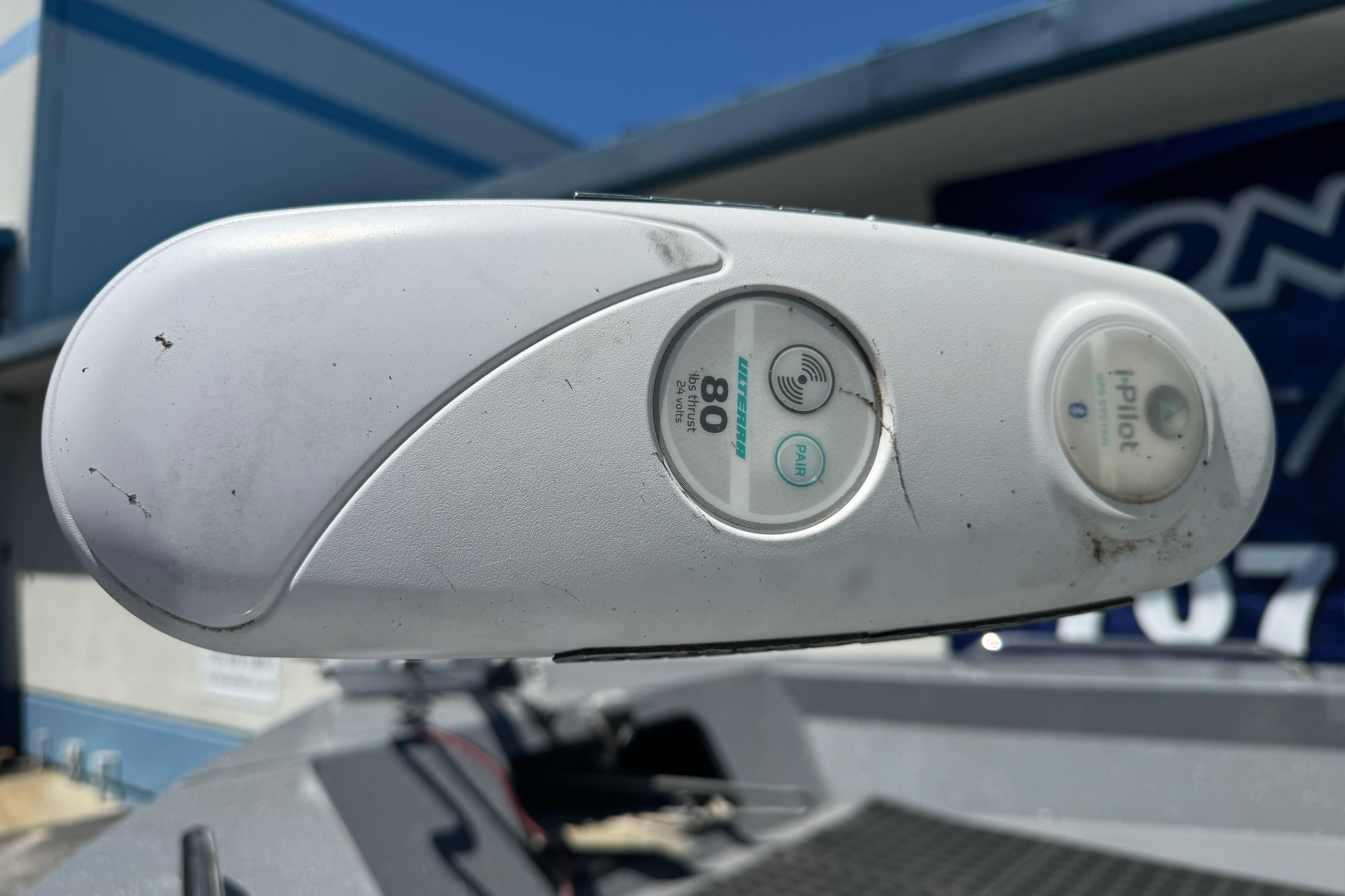 Close-up of a Minn Kota trolling motor on a 2014 River Hawk 19 GB boat.
