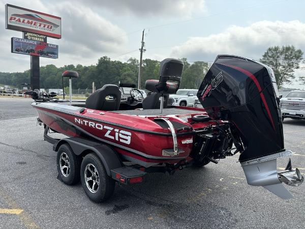 2025 Nitro Z19 Pro boat with powerful outboard motor, parked on a trailer.