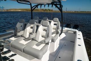 2026 Front Runner 37 Catamaran with luxurious seating on open water.