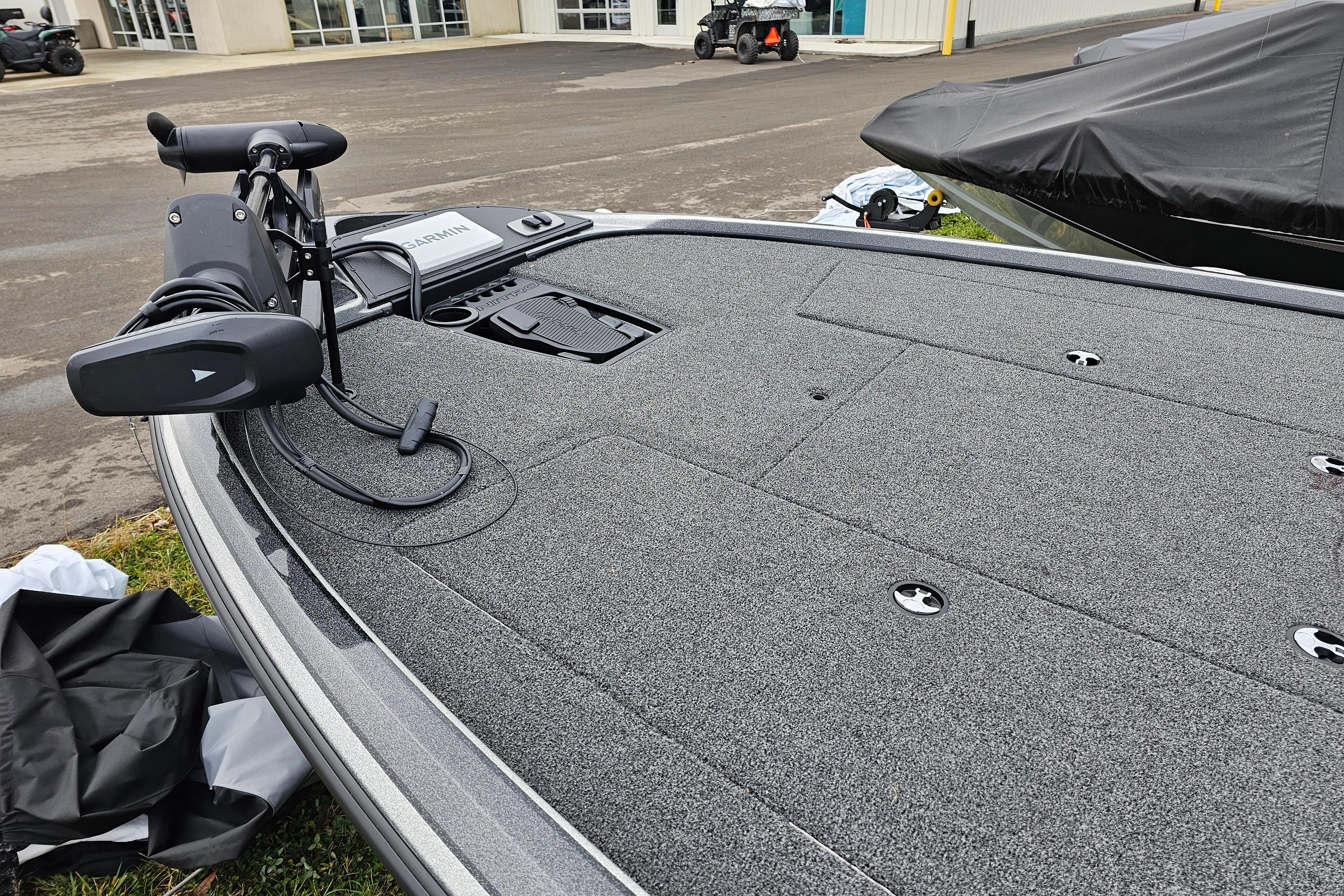 2025 Nitro Z18 Pro boat deck with trolling motor and Garmin equipment.