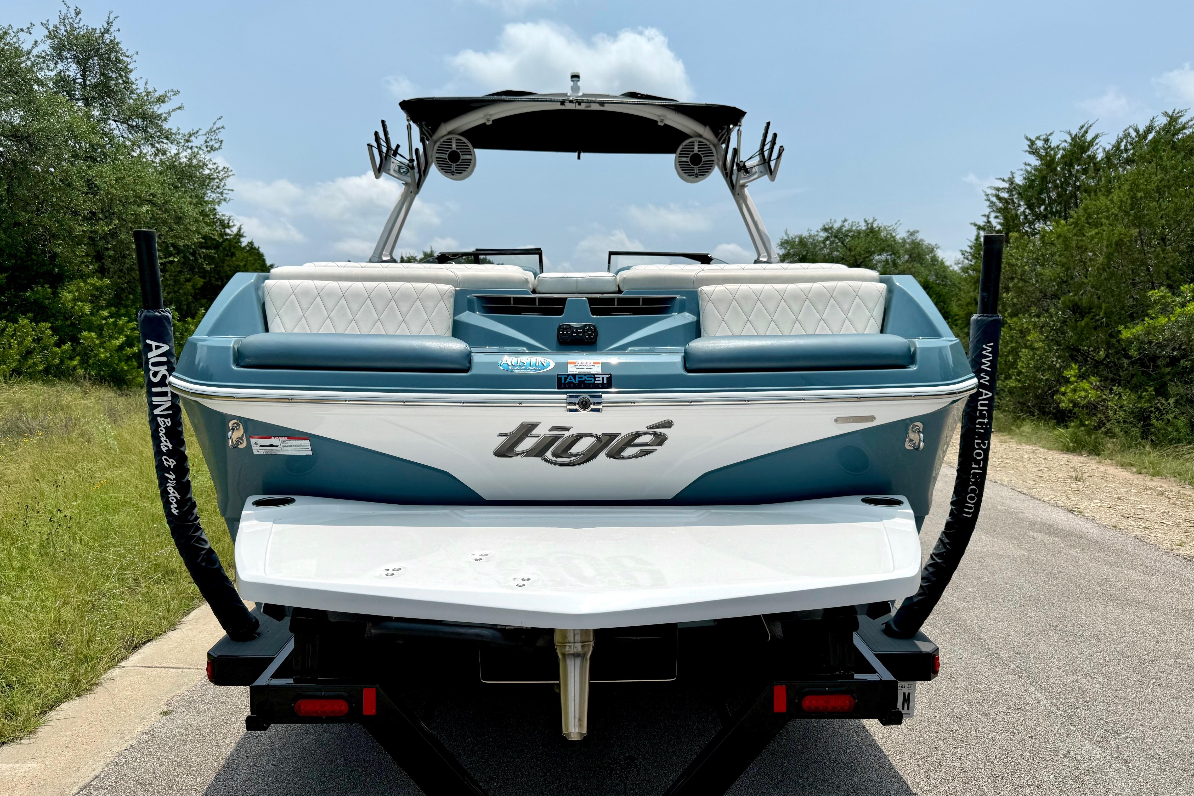 2021 Tige Z3 boat rear view with custom seating and speakers.