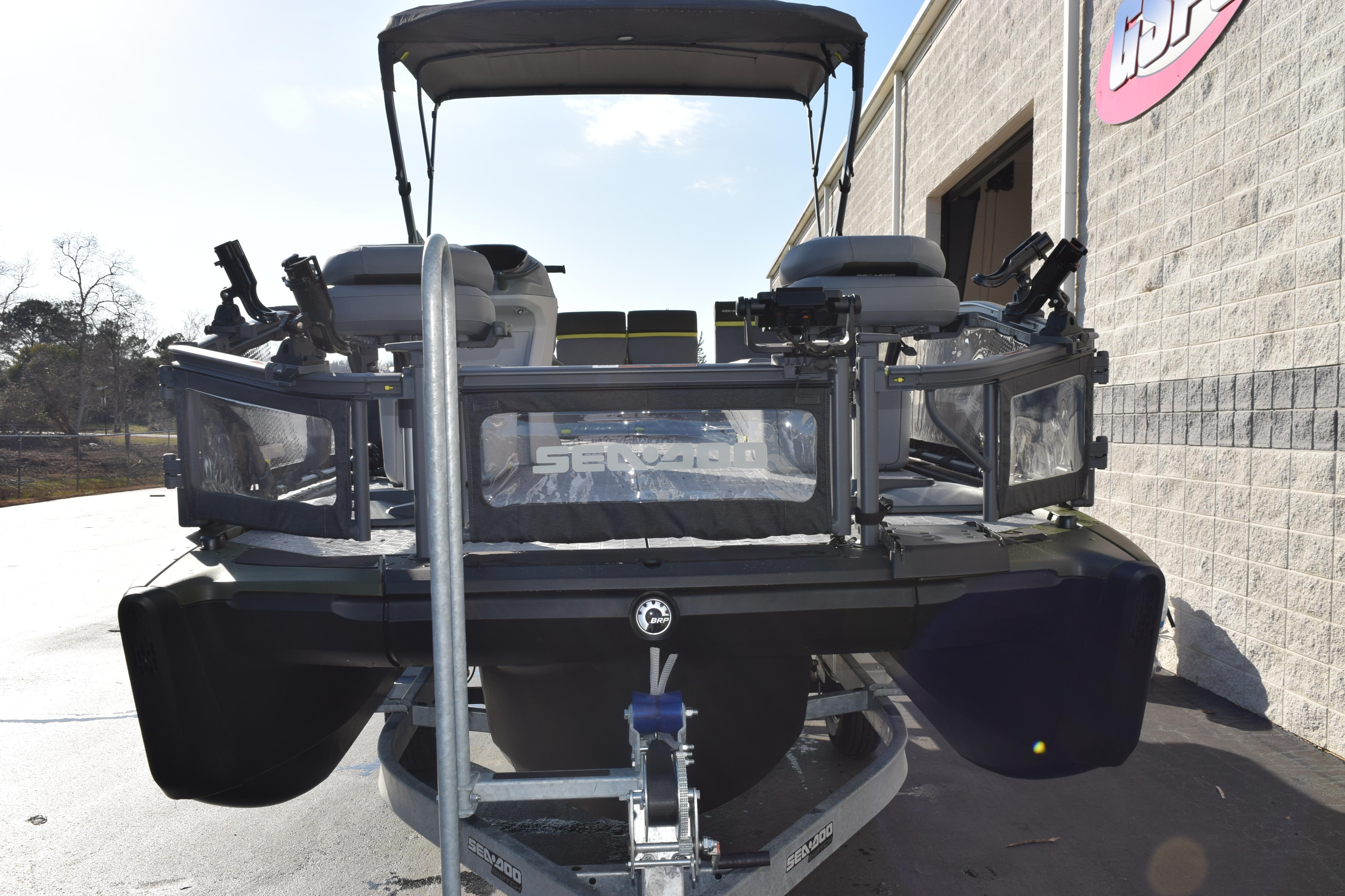 2026 Sea-Doo Switch Fish 21 pontoon boat on trailer, front view.