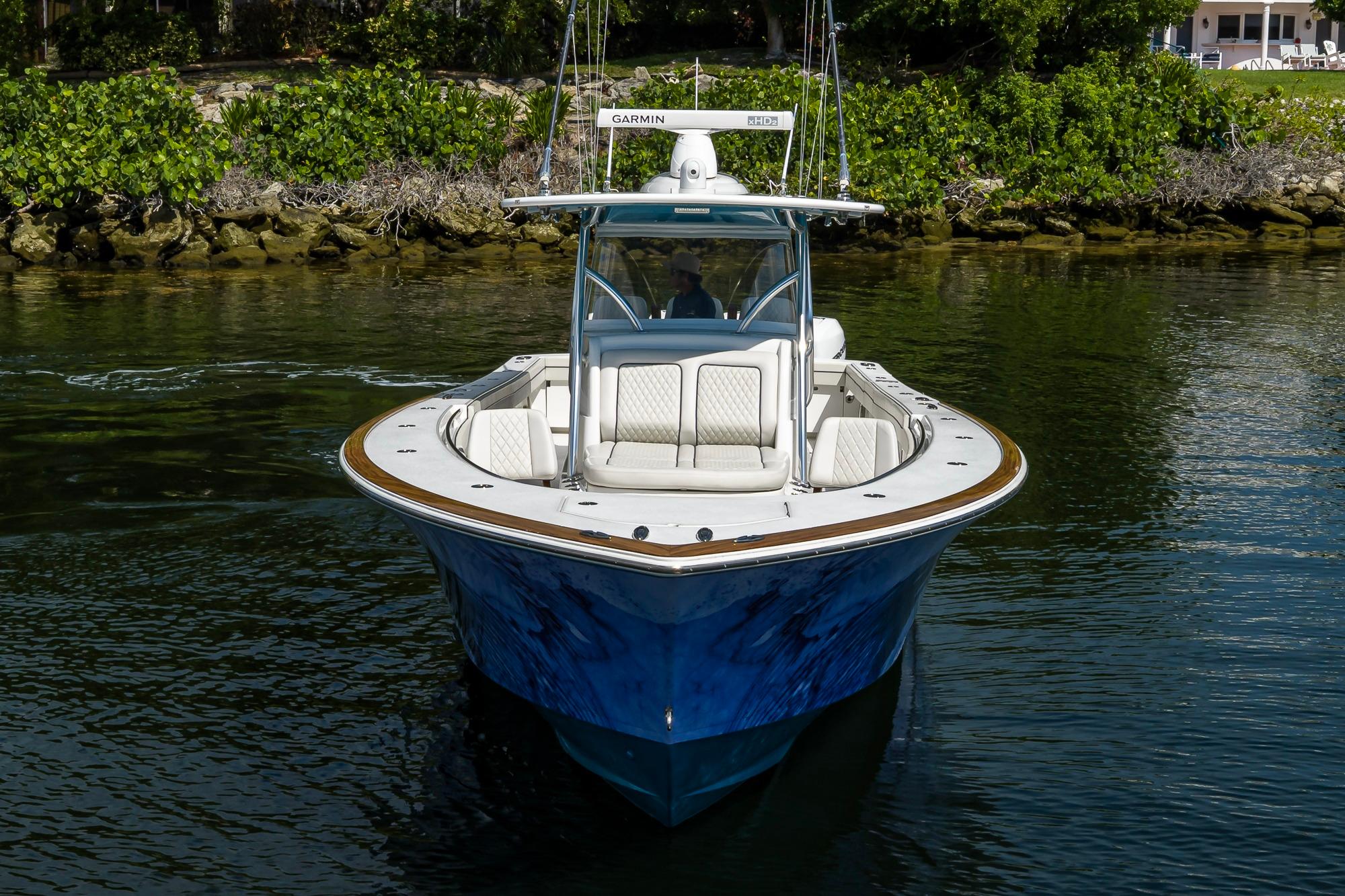 2020 Valhalla Boatworks V-41 in water, showcasing sleek design and luxury features.