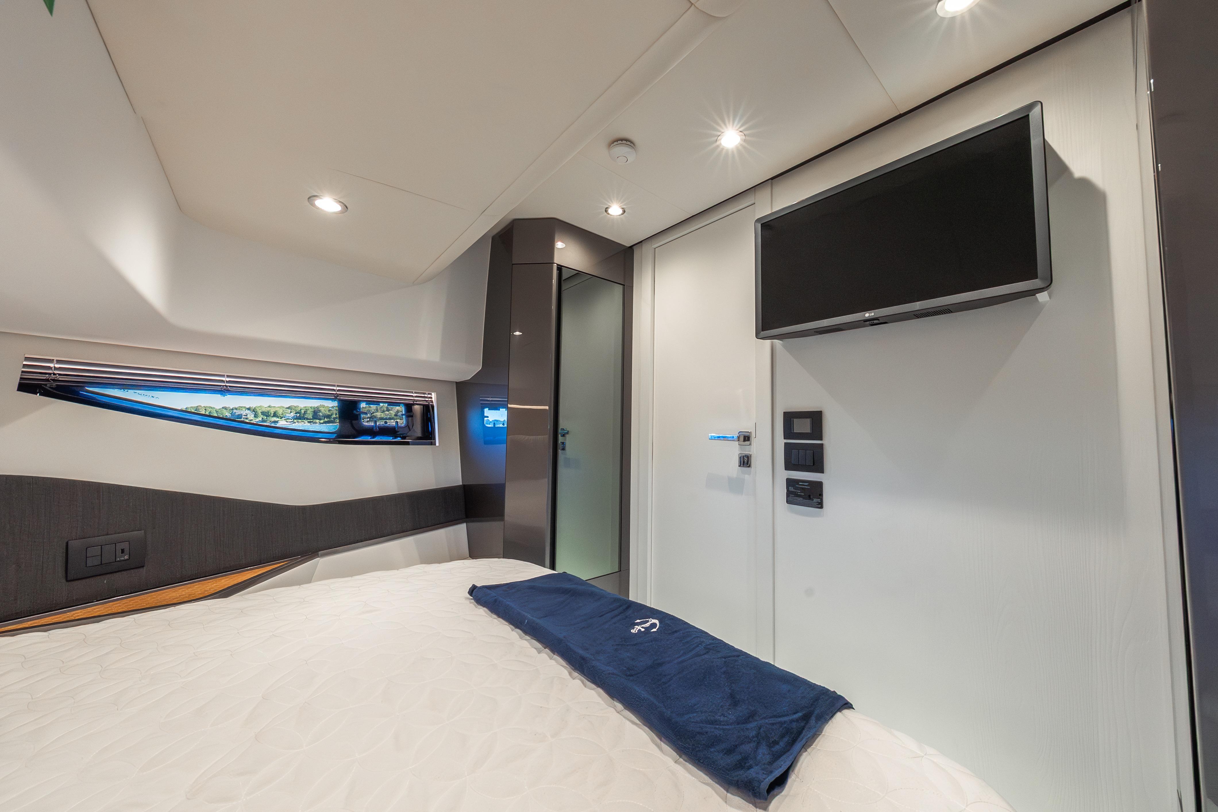 Luxurious interior of 2023 Azimut Verve 47 yacht with modern amenities and sleek design.