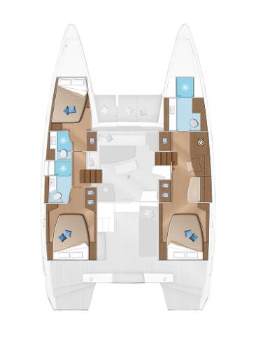 Floor plan of 2025 Lagoon 42 Millenium catamaran, featuring spacious cabins and modern amenities.