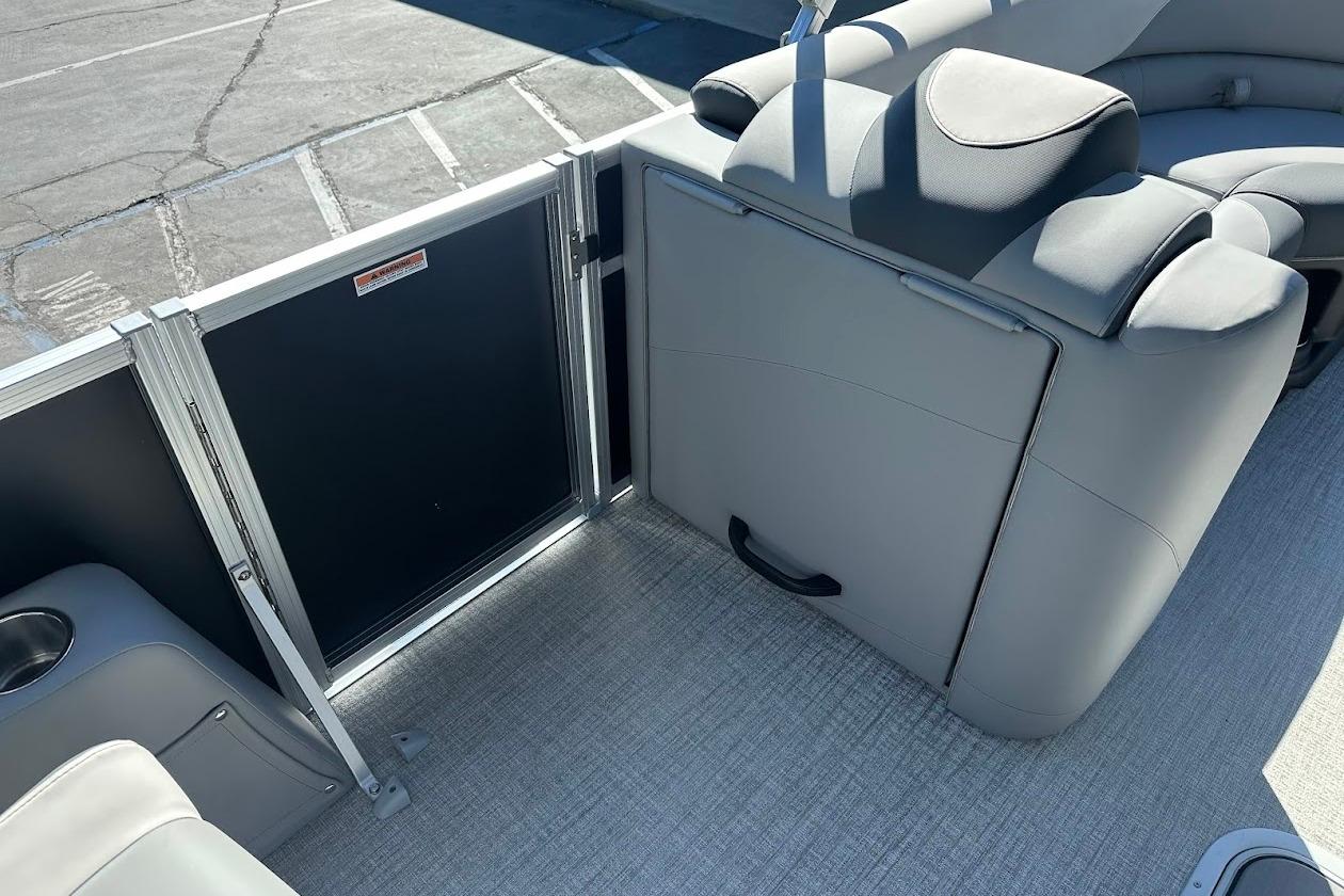2026 Tahoe Pontoon LTZ Quad Lounger Shift 23 interior with gray seating and flooring.