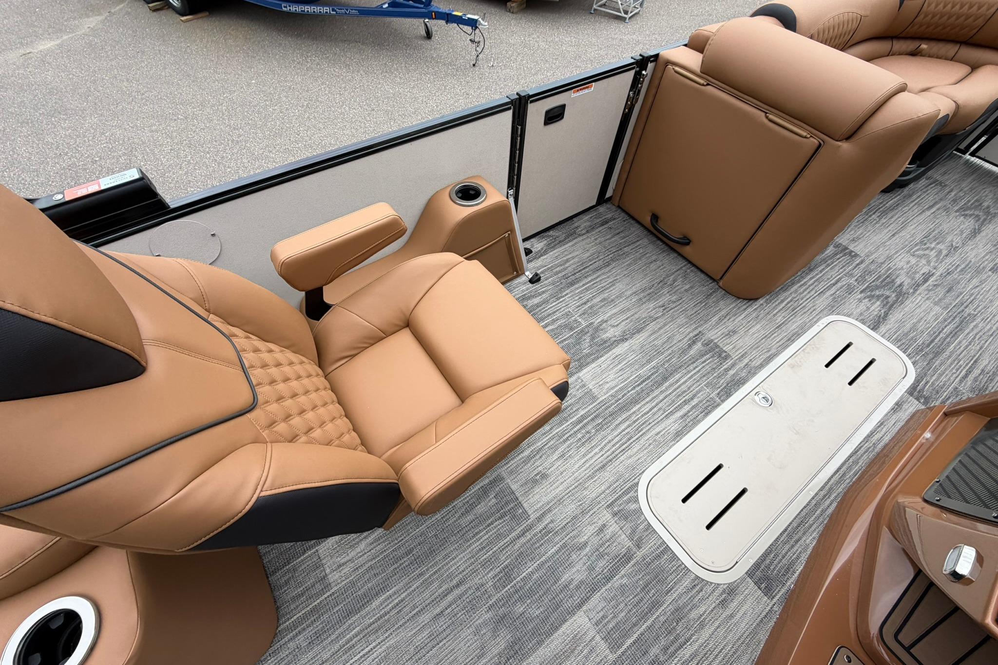 Luxurious interior of 2026 Avalon Catalina Quad Lounge Shift boat with tan seating.