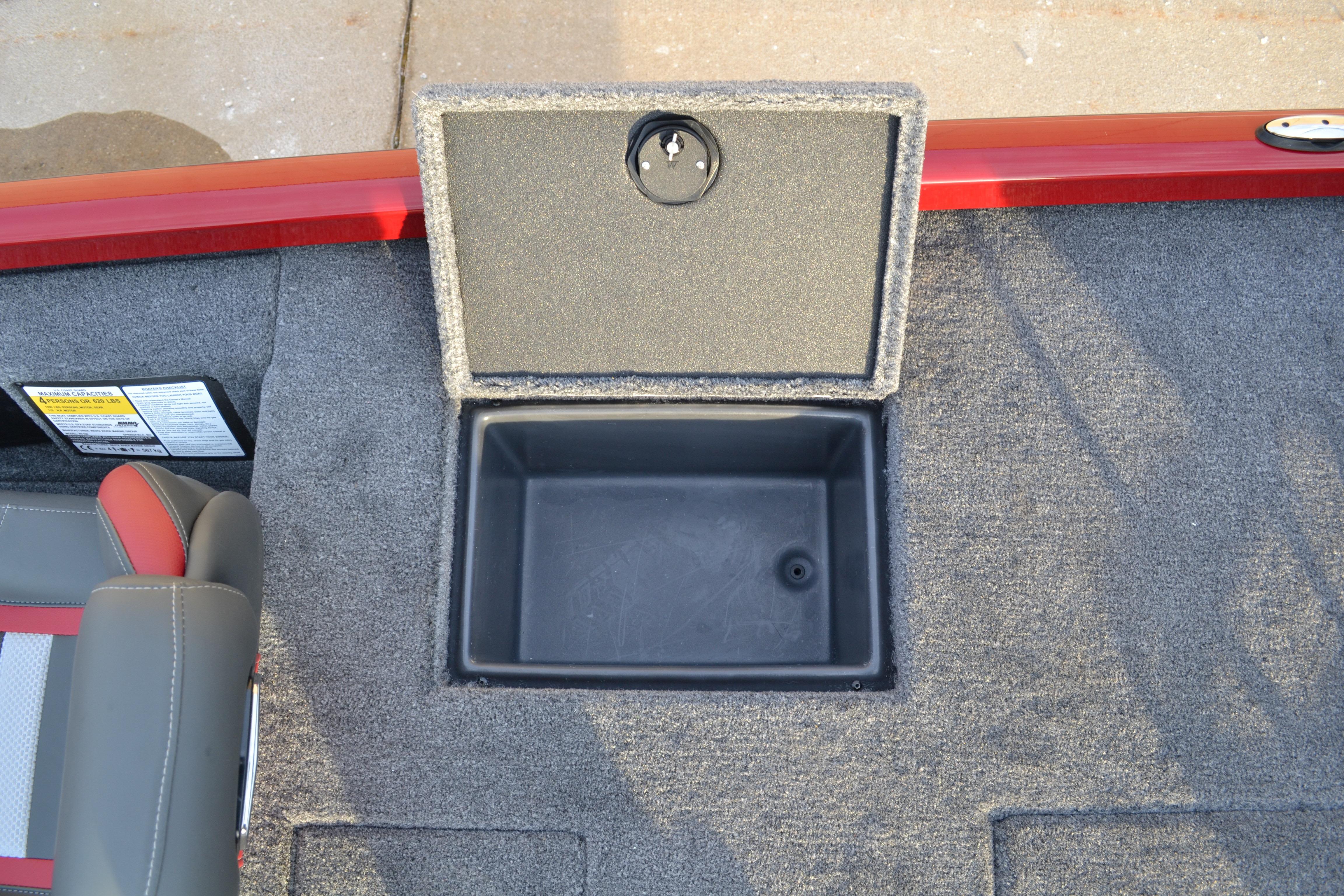 2026 Ranger RT188 boat storage compartment with open lid, gray interior, and red trim.