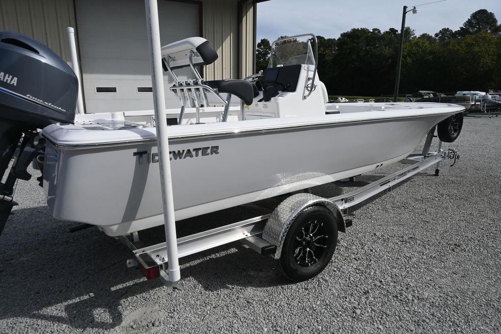 2026 Tidewater 1910 Bay Max boat on trailer, featuring Yamaha outboard motor.