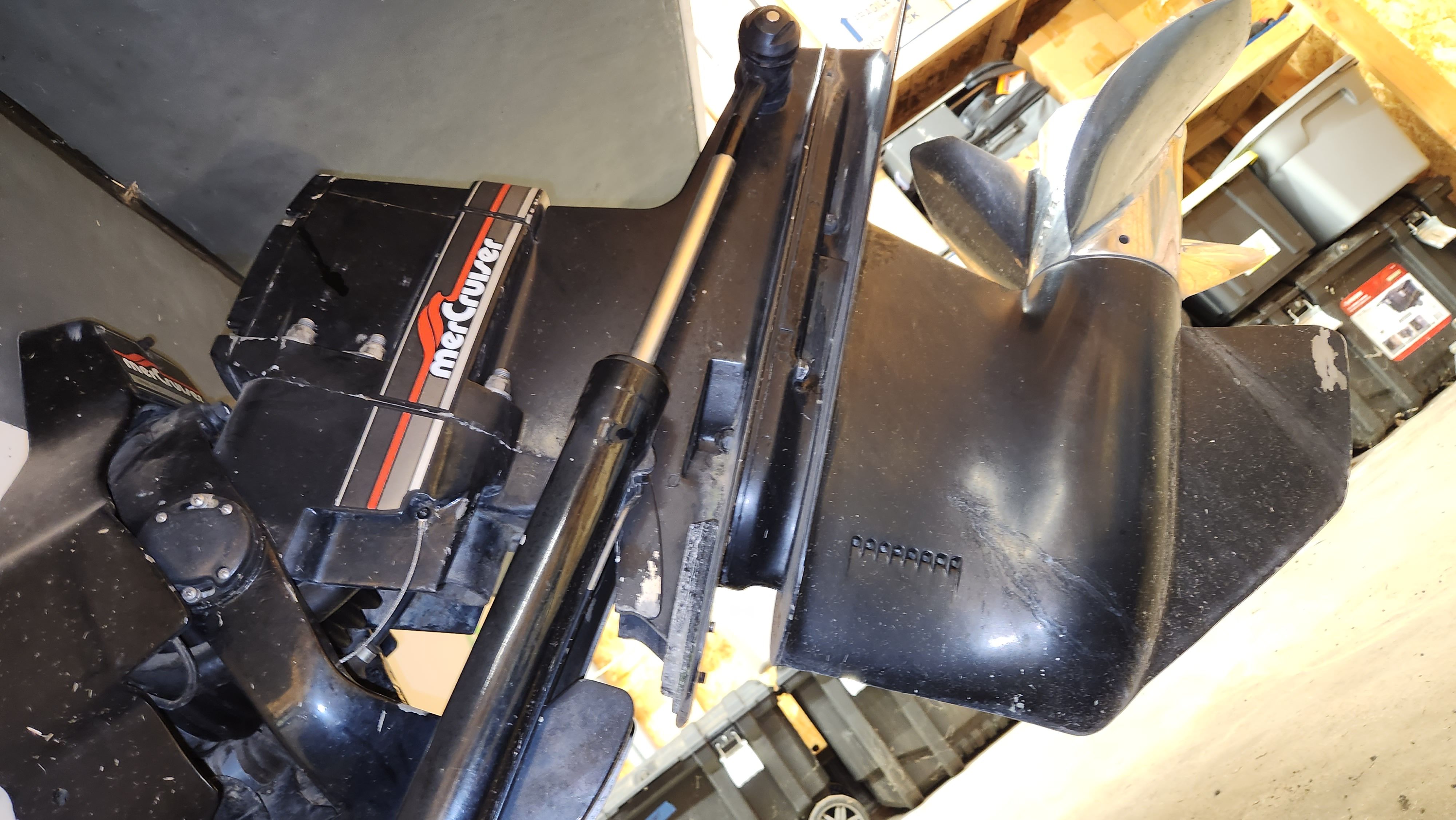 Close-up of a boat engine in a workshop.