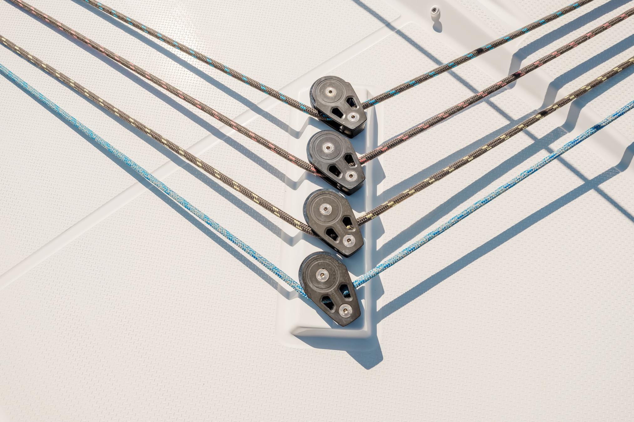 Close-up of rigging lines on a 2020 Fountaine Pajot Saona 47 catamaran deck.