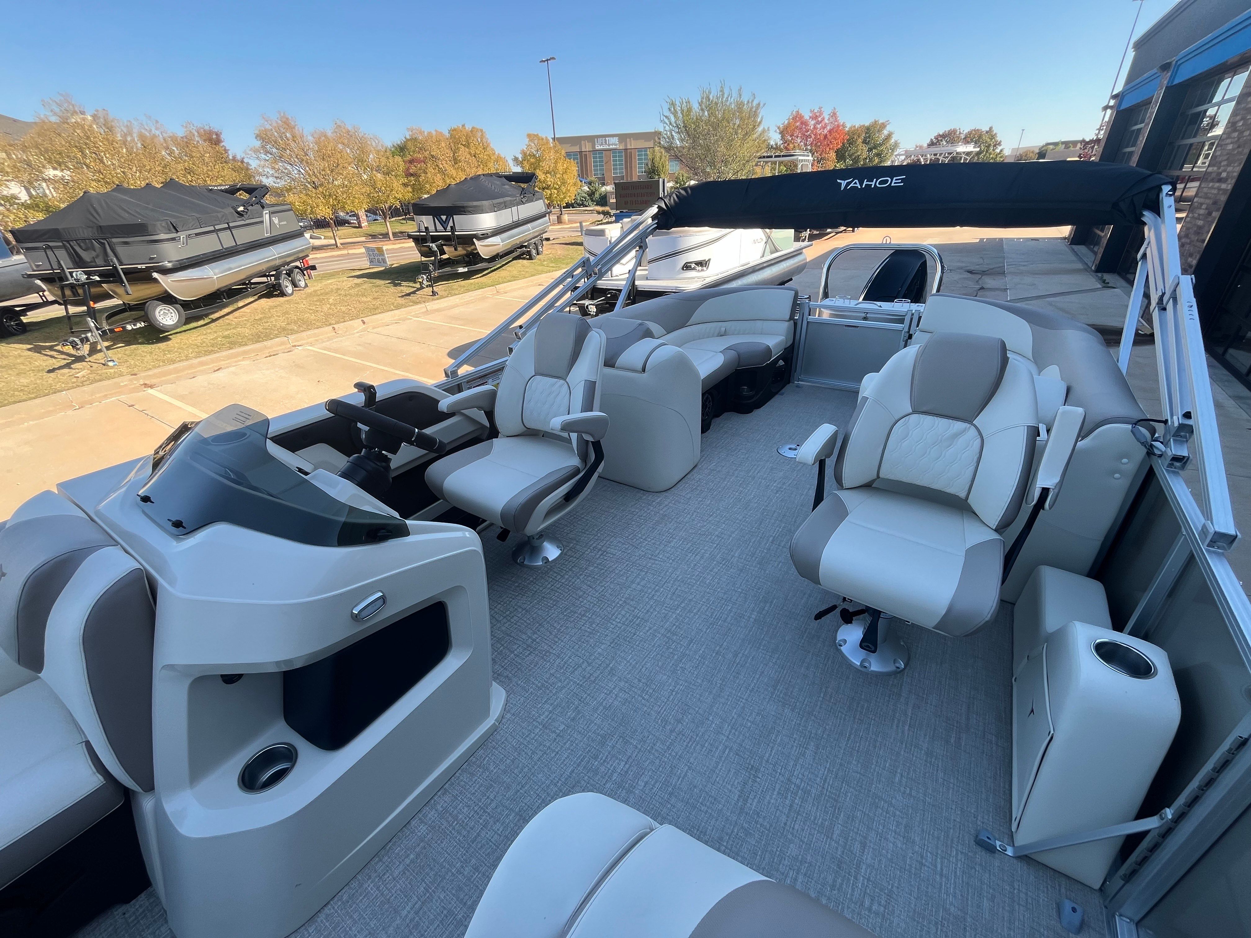 Interior of 2026 Tahoe 2385 LTZ Quad Lounger pontoon boat.