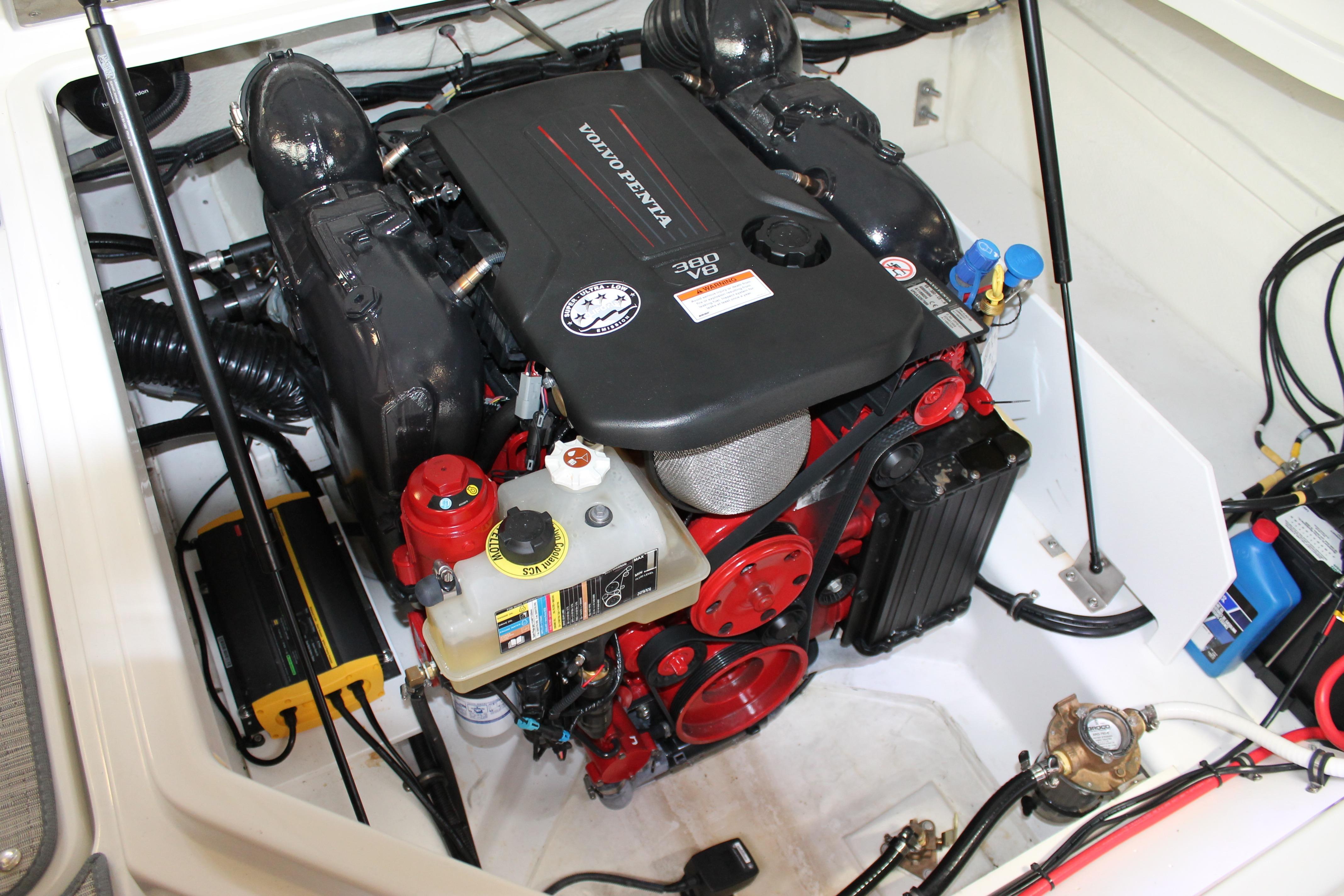Engine compartment of 2023 Cobalt R8 boat featuring a Volvo Penta V8 engine.