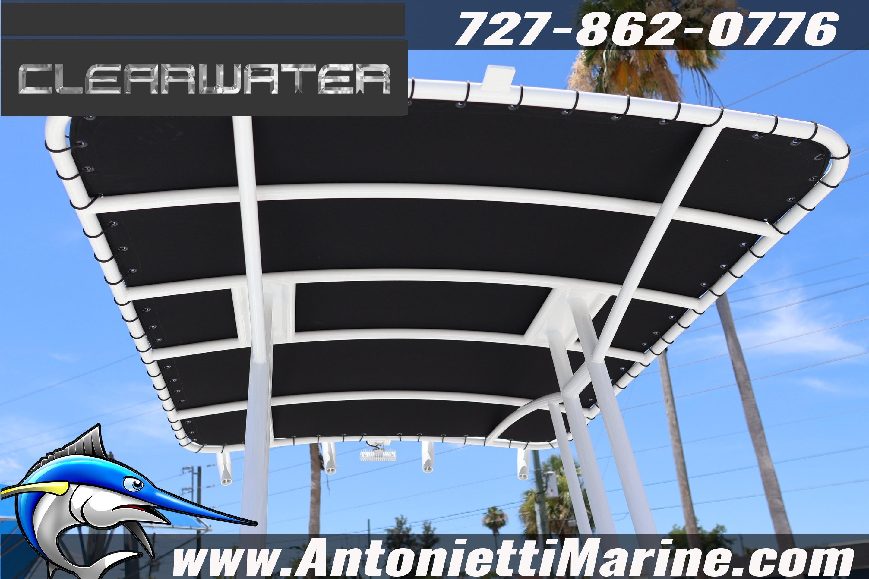 Clearwater 2000 Center Console 2026 boat canopy with contact details and website.