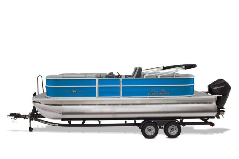2026 Sun Tracker Party Barge 22 DLX pontoon boat on trailer, side view.