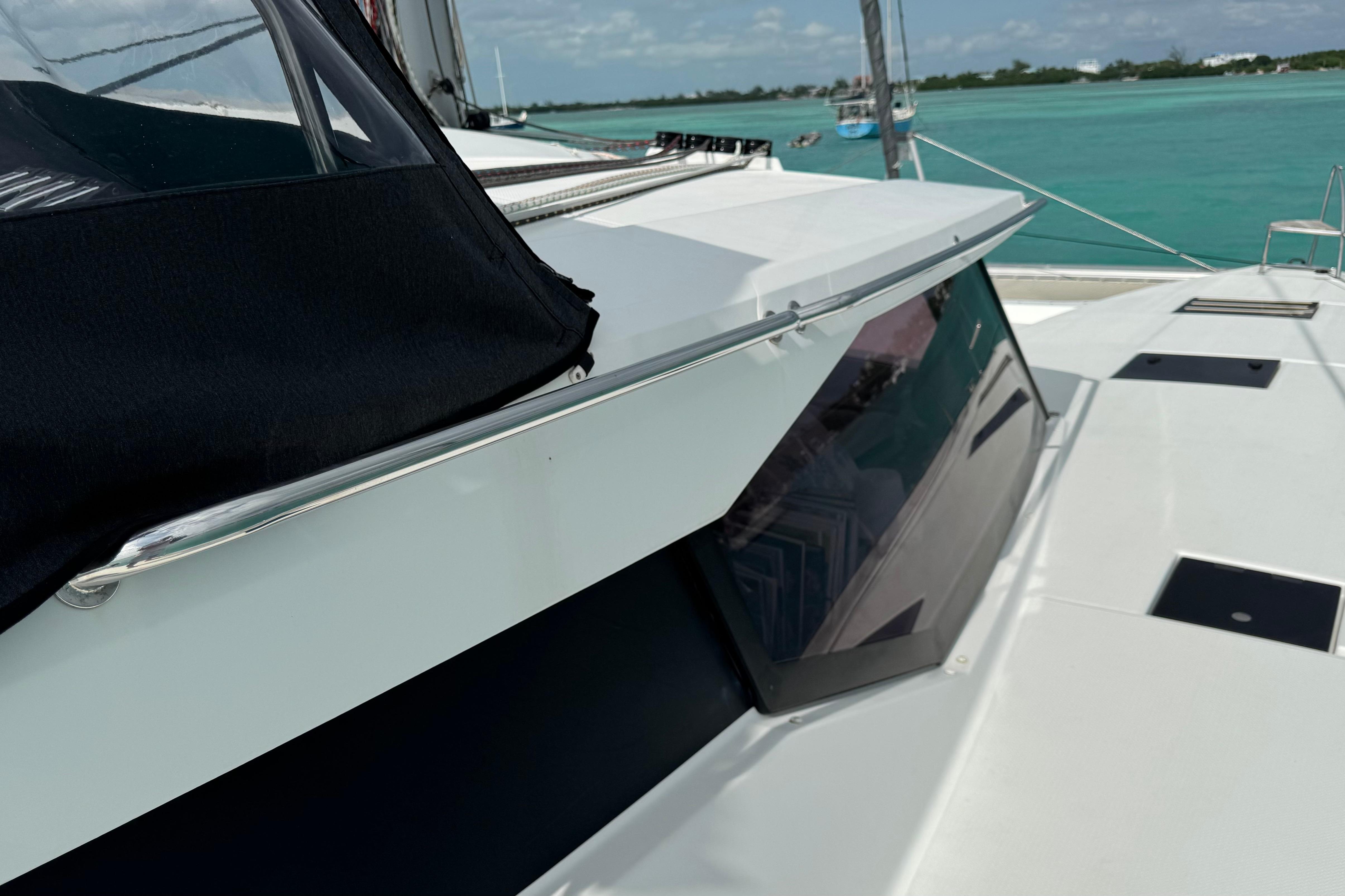 2020 Fountaine Pajot Saona 47 catamaran deck with ocean view.