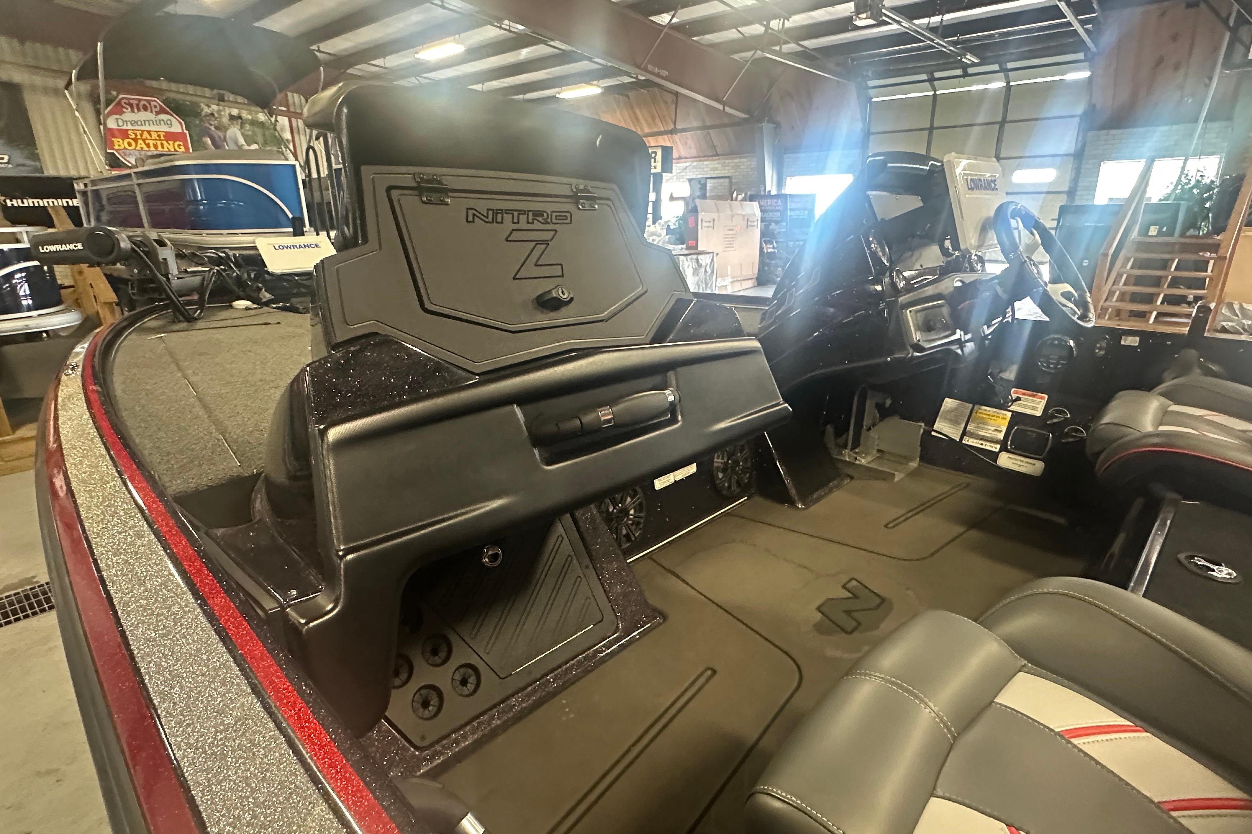 Interior of a 2022 Nitro Z20 Pro boat, showcasing seating and dashboard features.