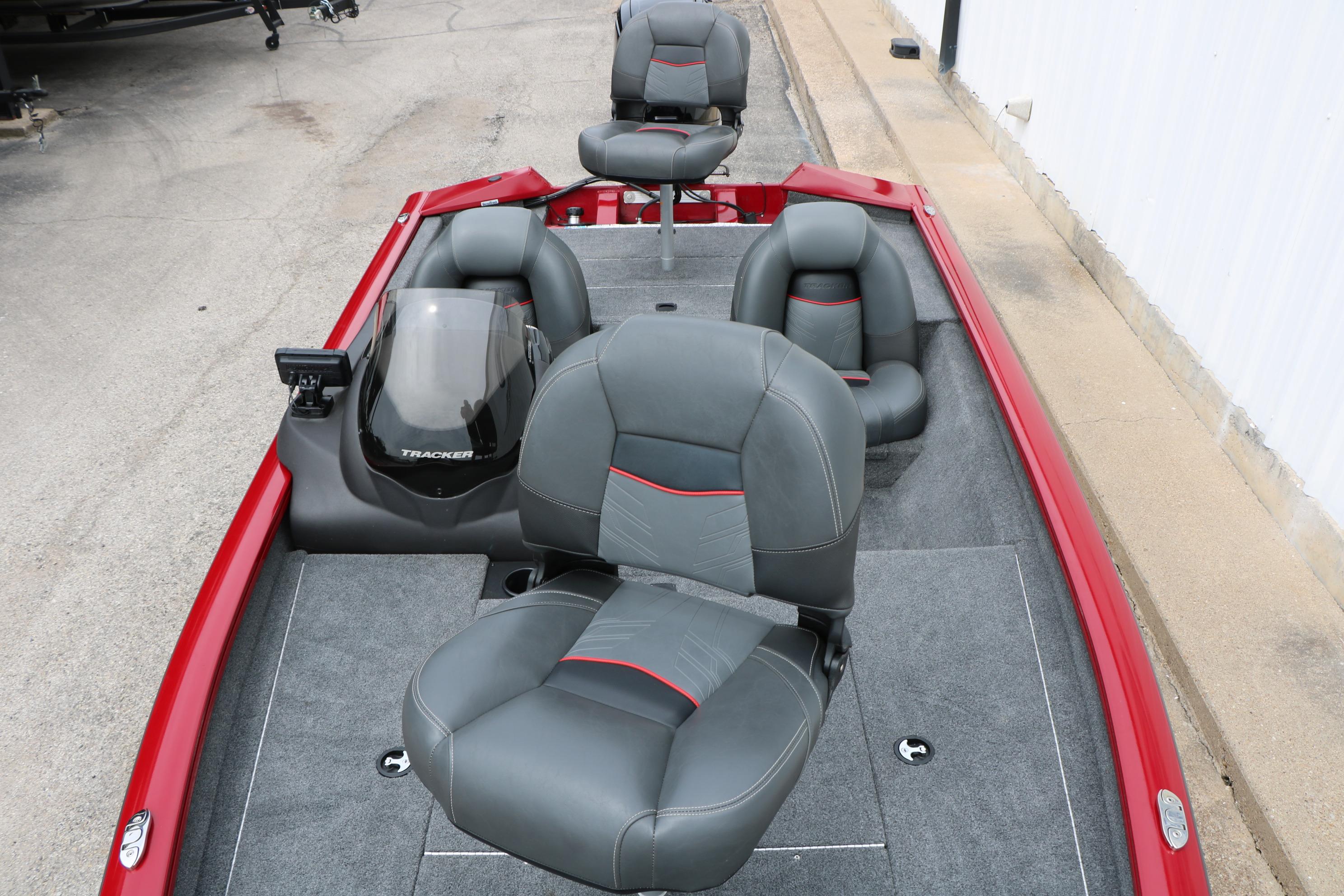 2024 Tracker Pro Team 175 boat with gray seats and red accents.