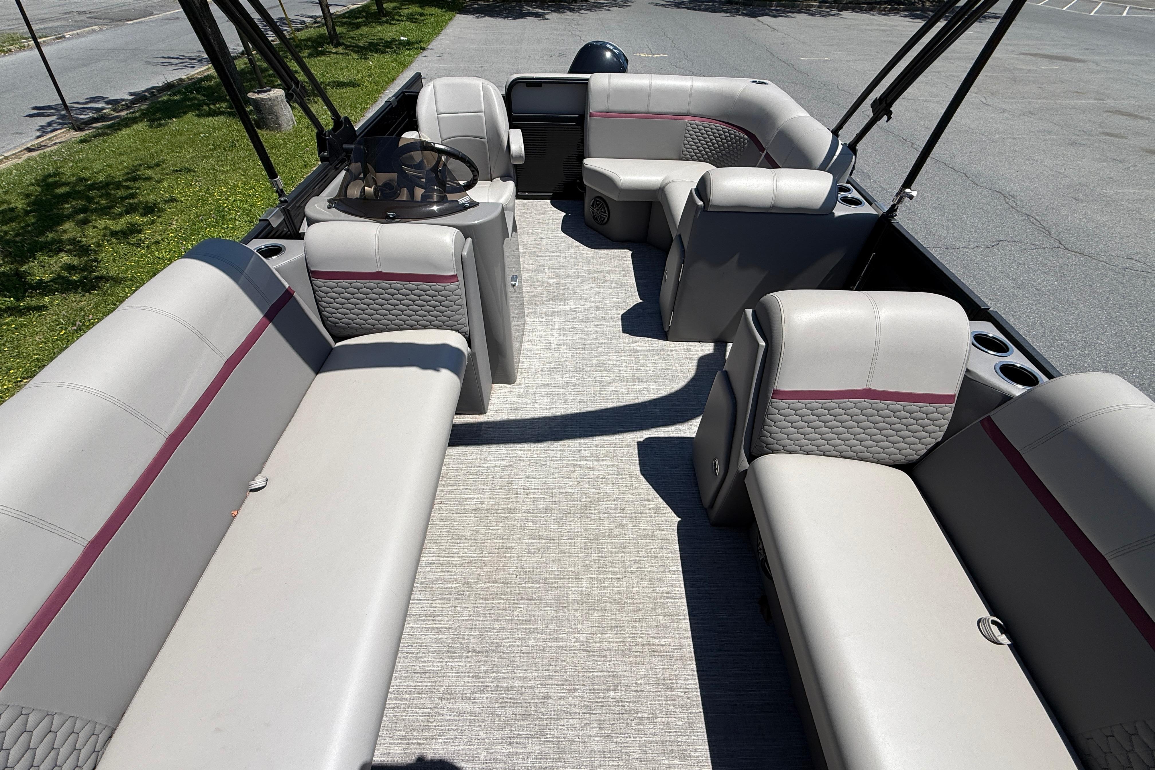 2023 Apex 818 pontoon boat interior with spacious seating and modern design.