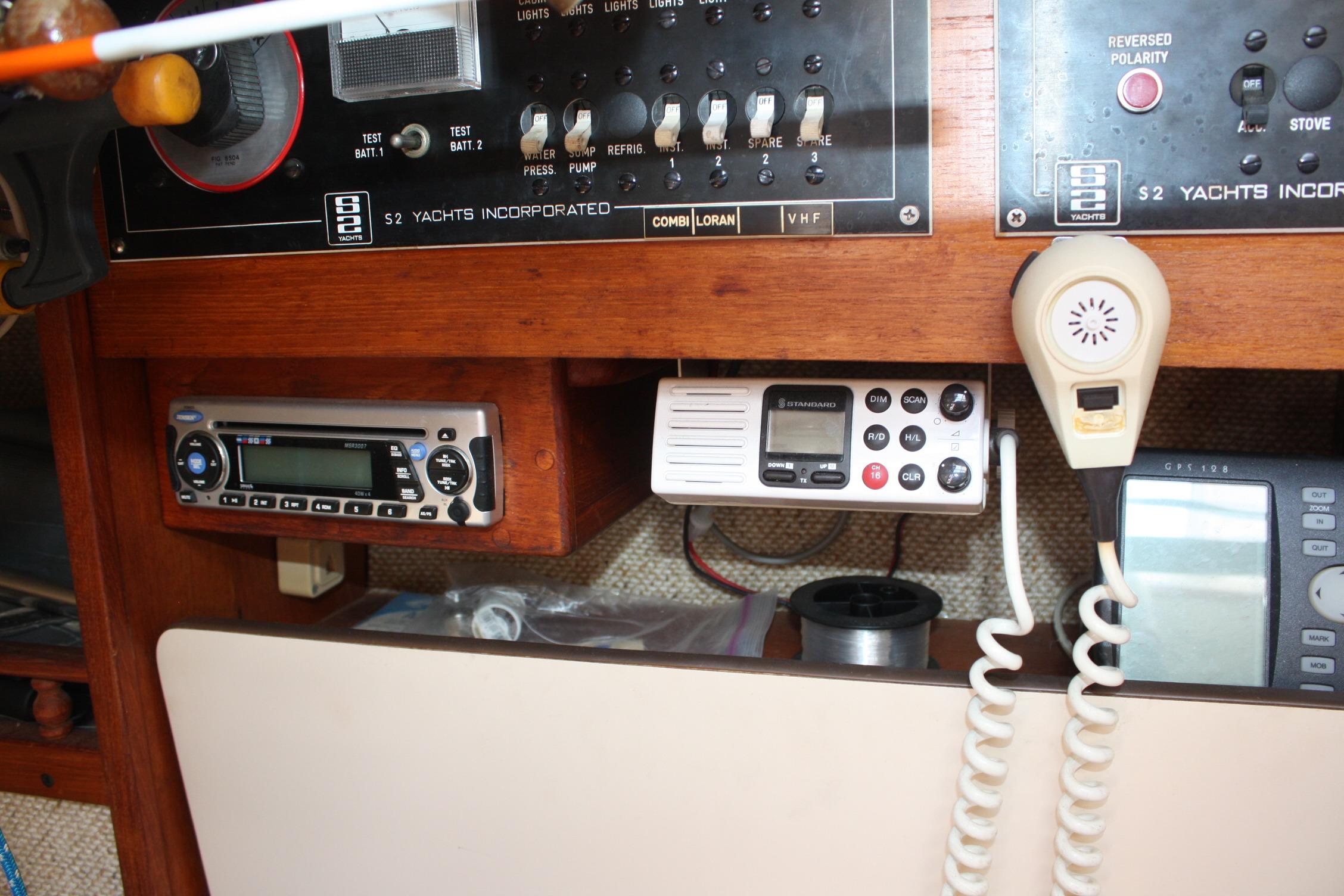 Control panel of a 1981 S2 9.2A yacht with radio and navigation equipment.