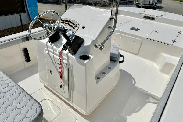 2025 Carolina Skiff 21 LS boat interior with steering console and seating.