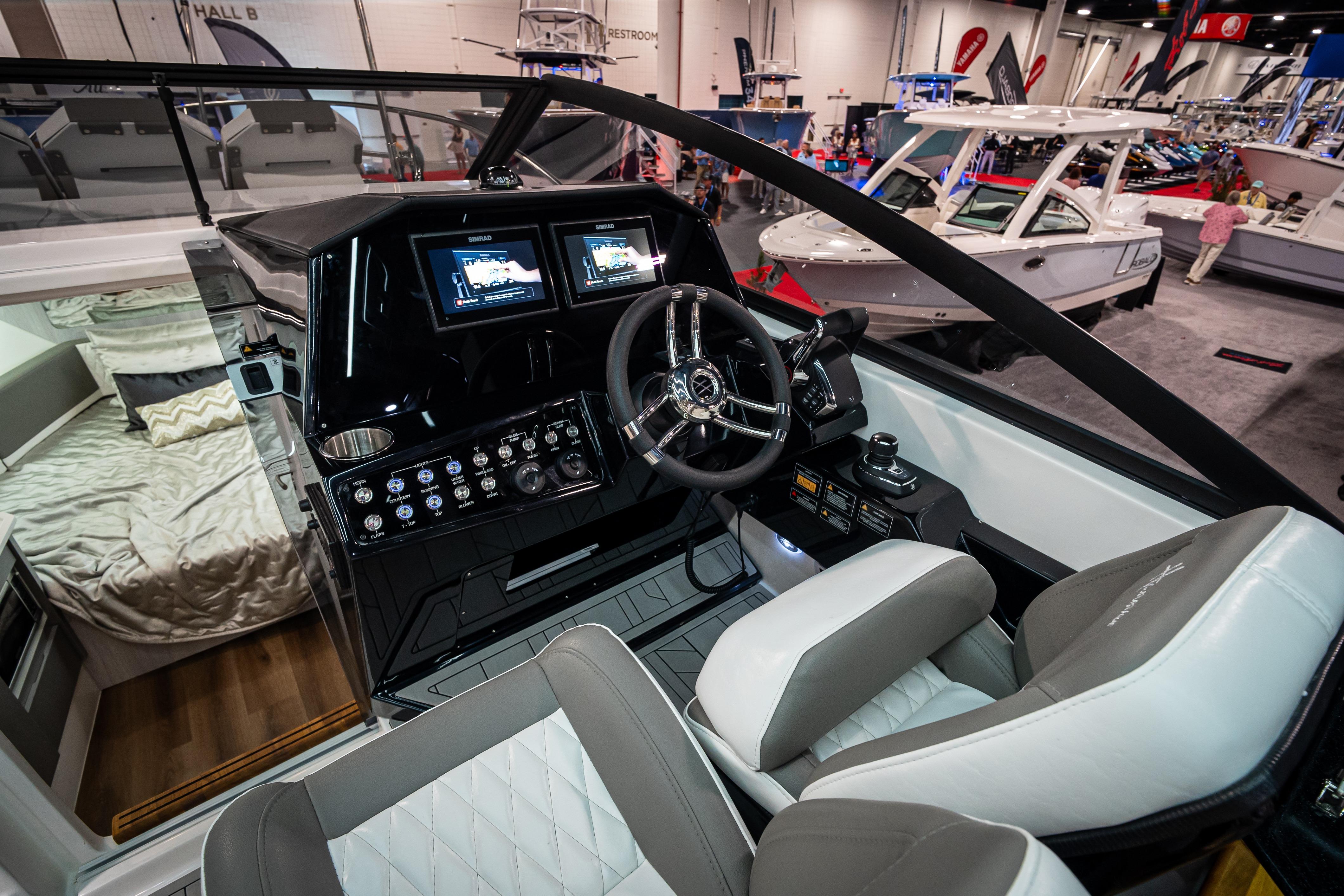 Interior of 2026 Hanover 347 boat with modern cockpit and luxurious cabin.