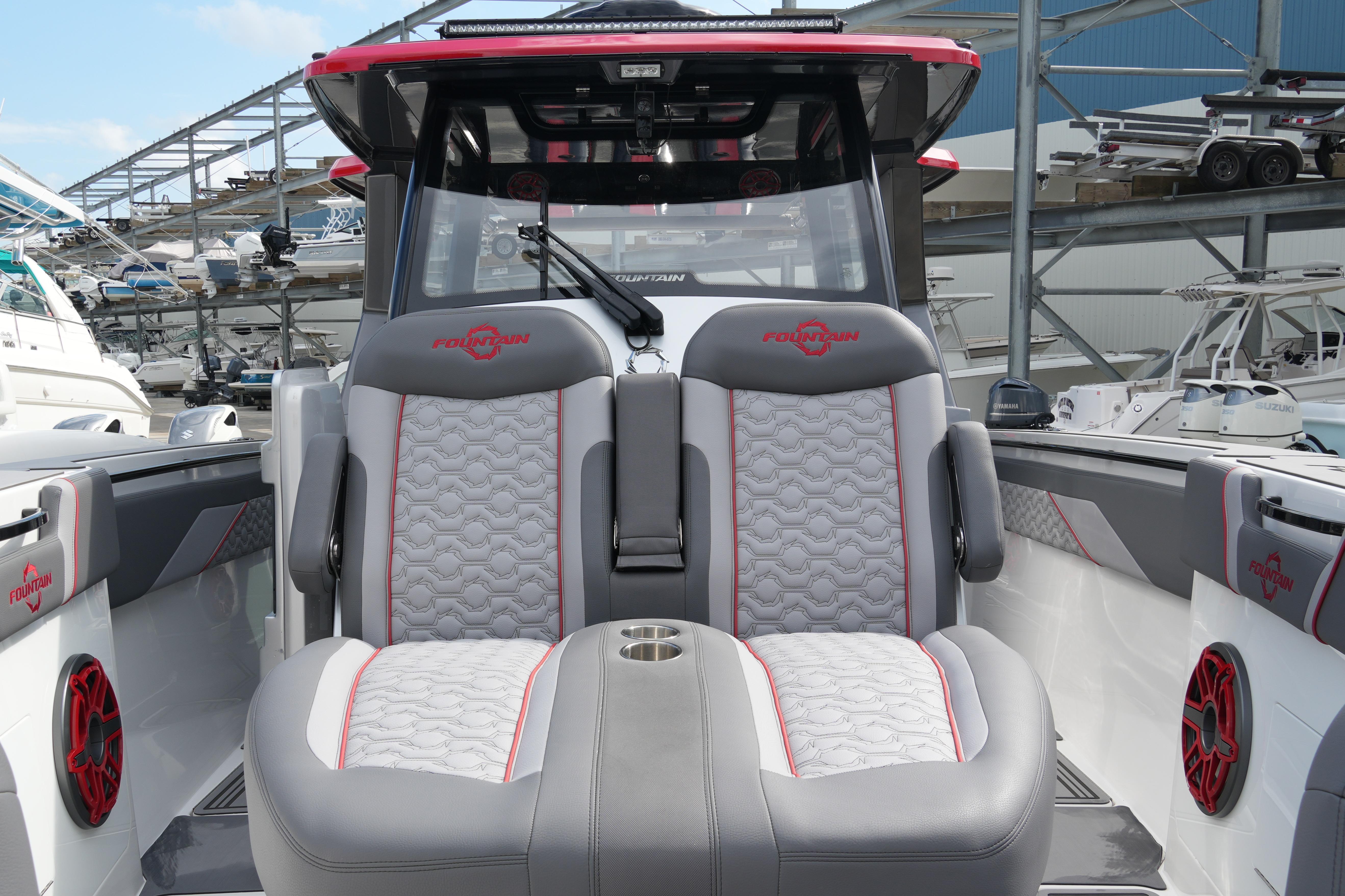 2025 Fountain 38 SCX boat interior with stylish seating and modern design.