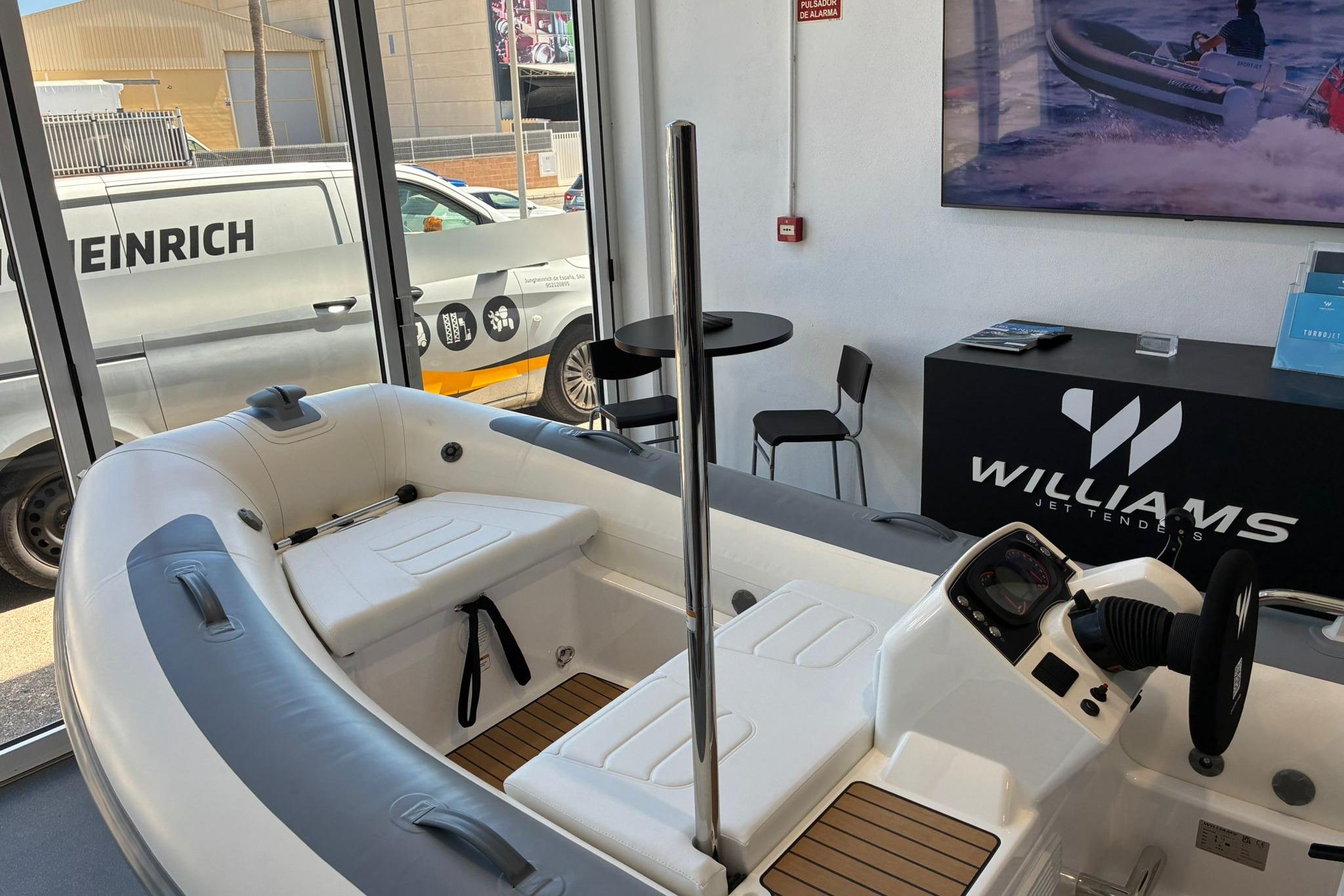2026 Williams Jet Tenders Sportjet 435 displayed indoors, showcasing sleek design and modern features.