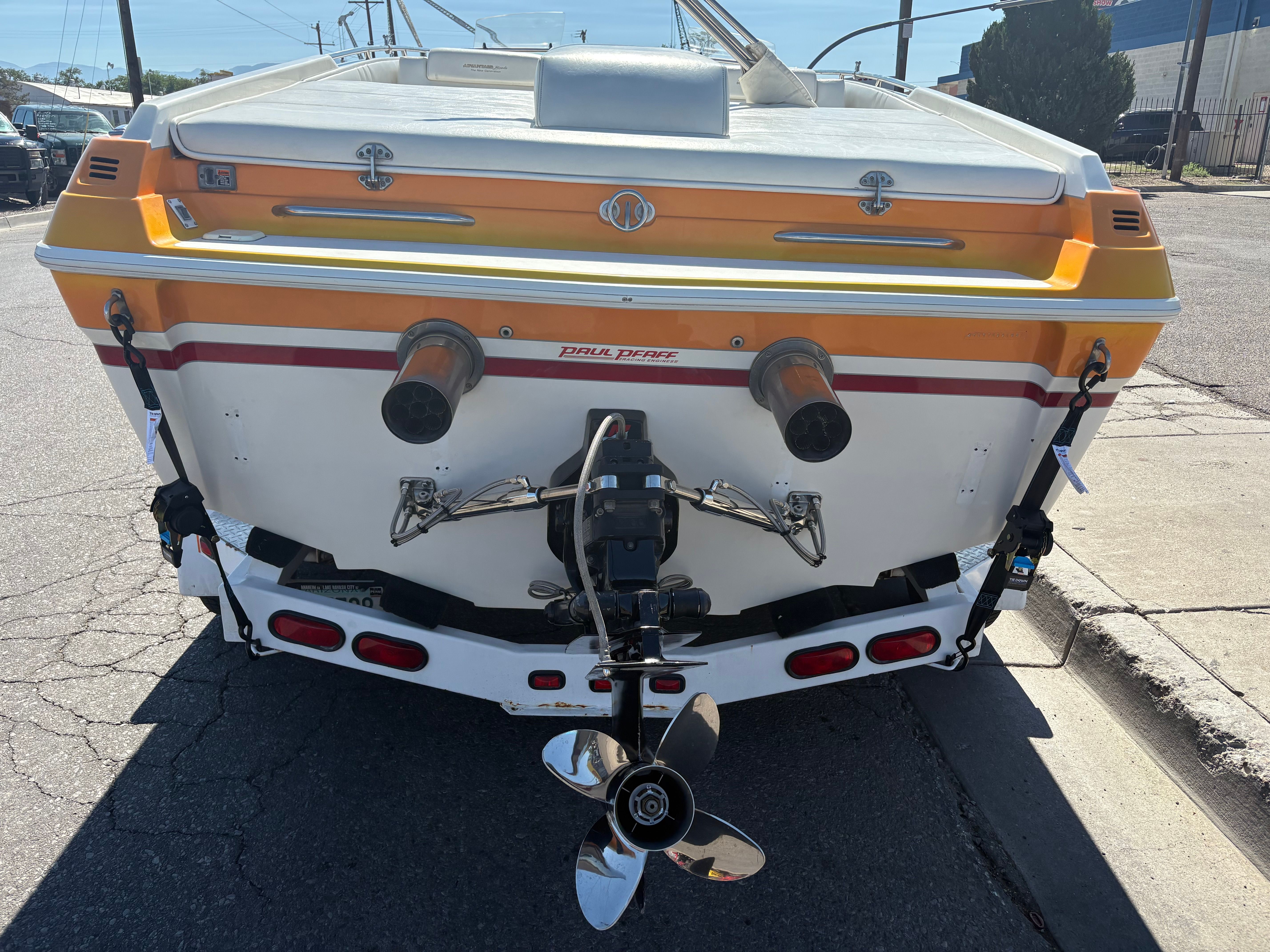 Rear view of a 2001 Advantage 27 Victory boat with Dual Force drive.