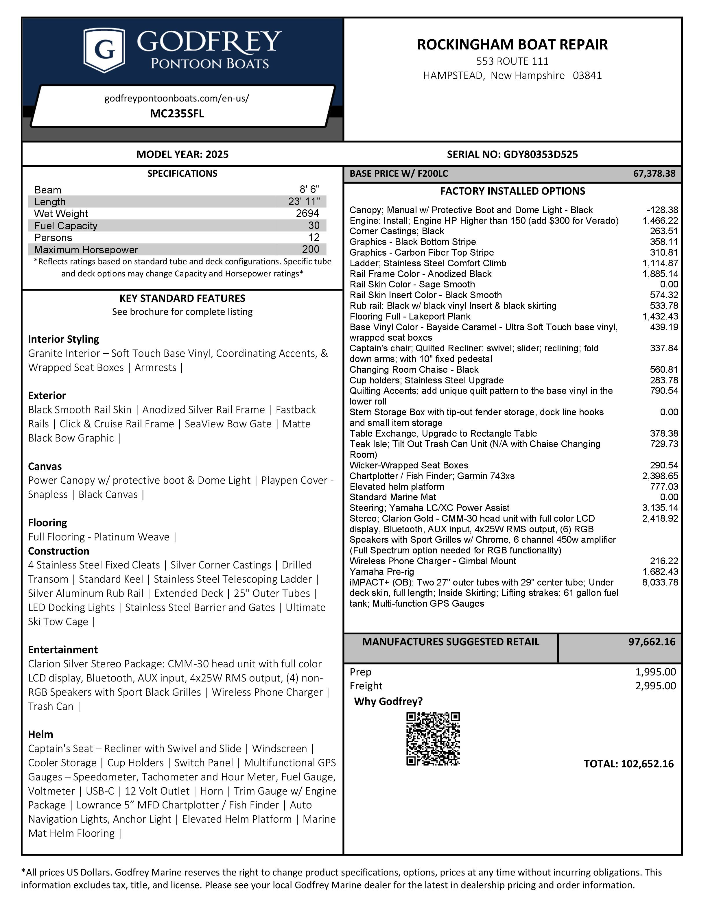 Godfrey Monaco Cruise 2025: Specifications and pricing details.