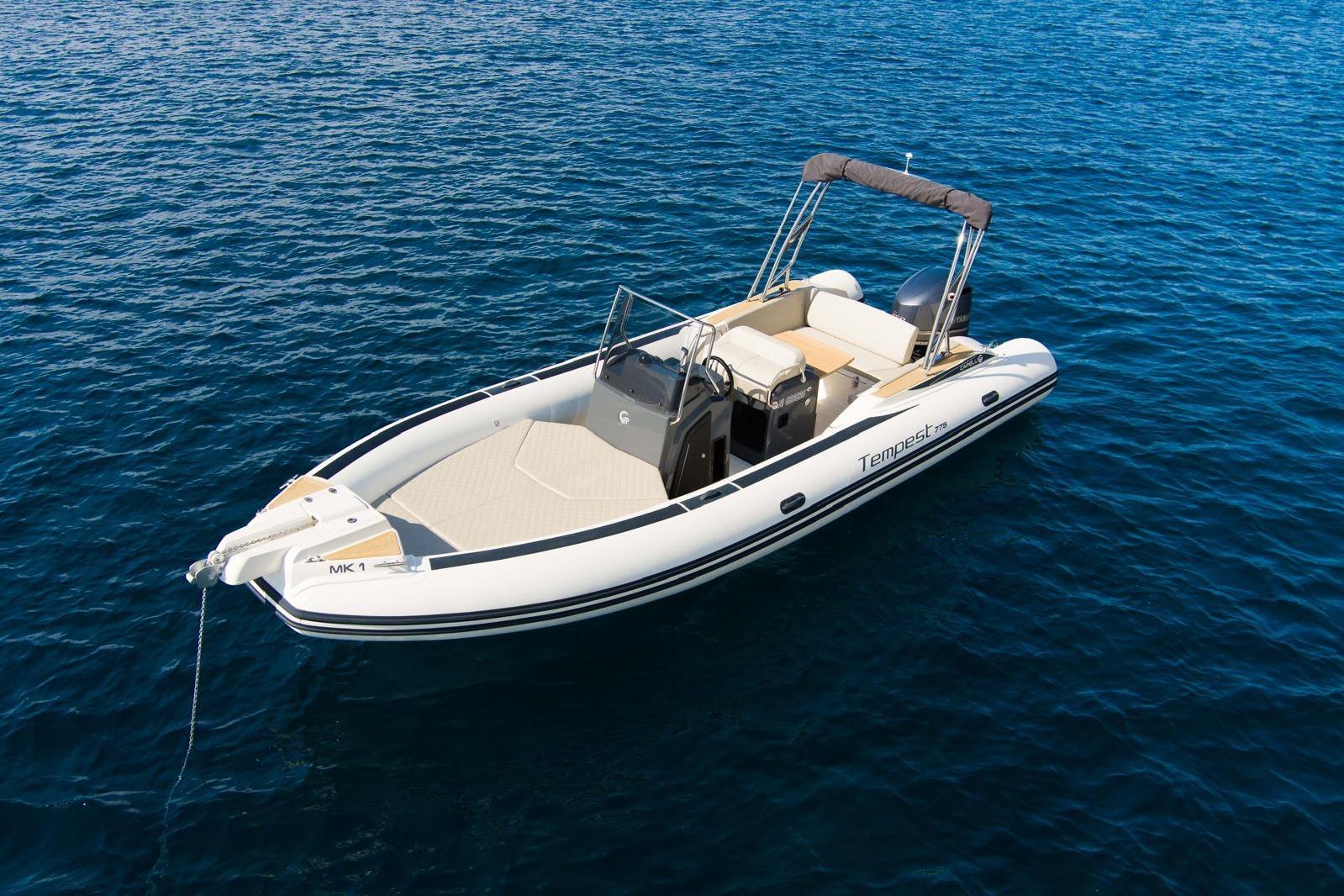 2020 Capelli Tempest 775 boat on calm blue water, showcasing sleek design and spacious deck.
