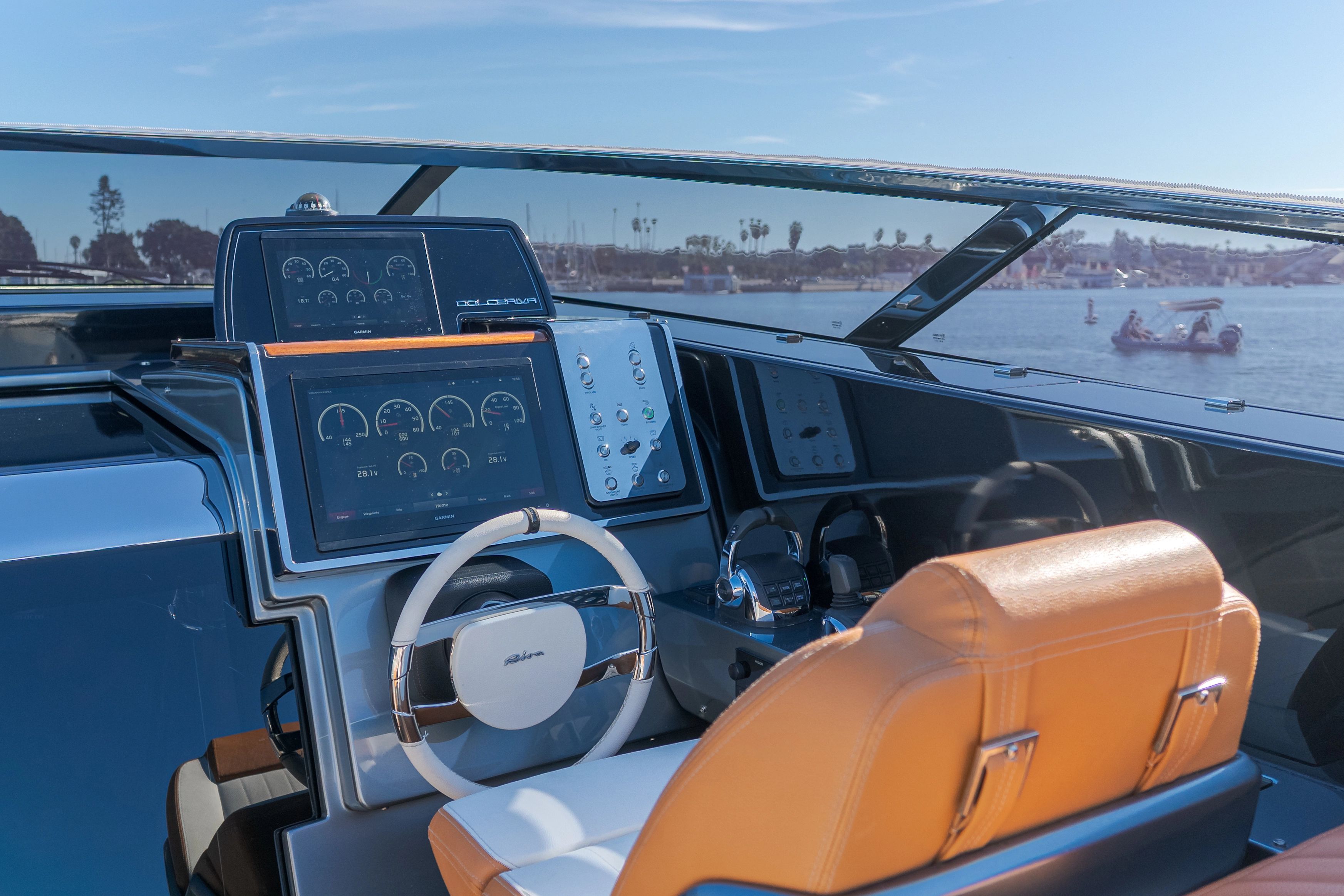 Cockpit of 2021 Riva 48' Dolceriva yacht with modern helm station.