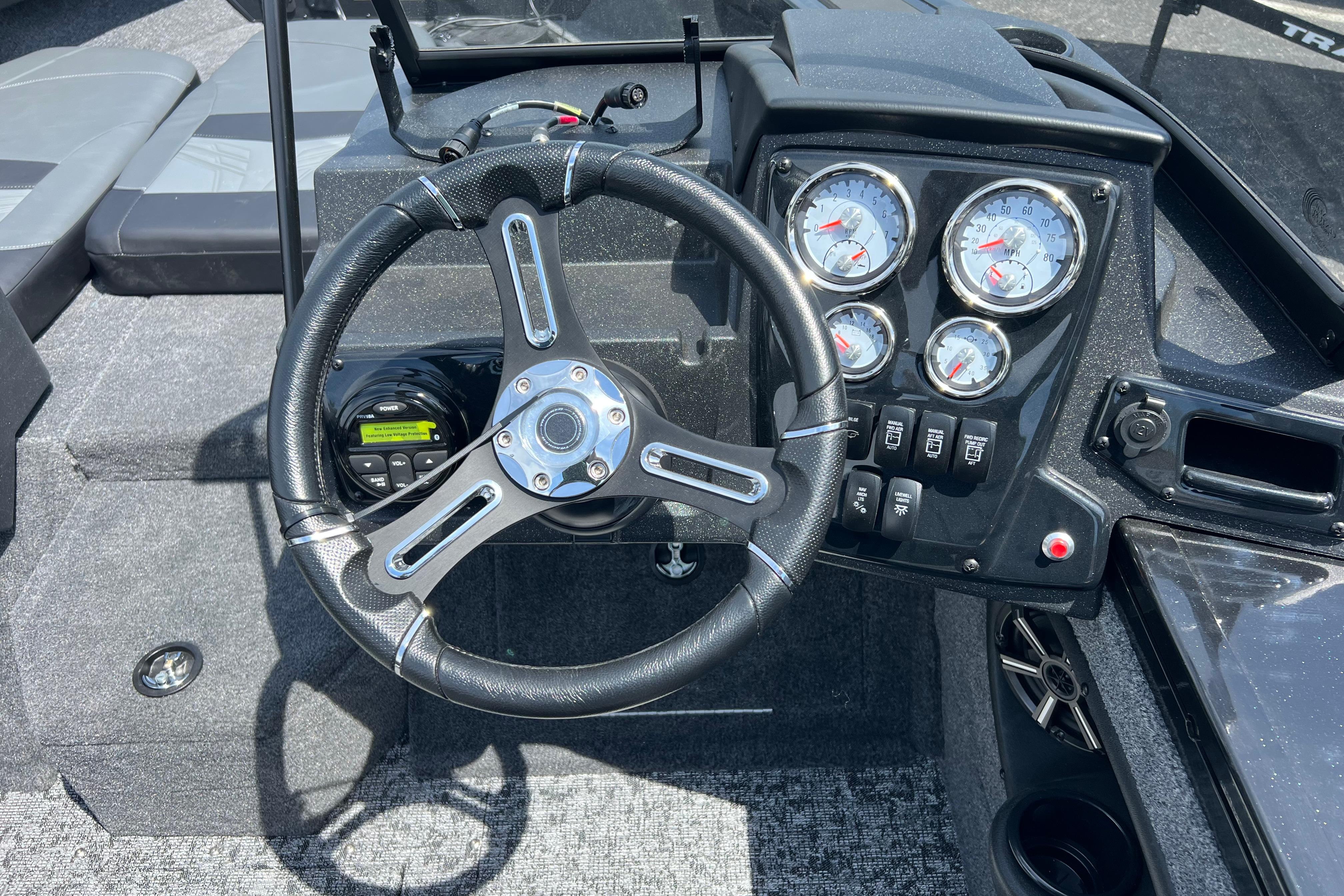 Steering wheel and dashboard of 2026 Tracker Targa V-19 Combo boat.