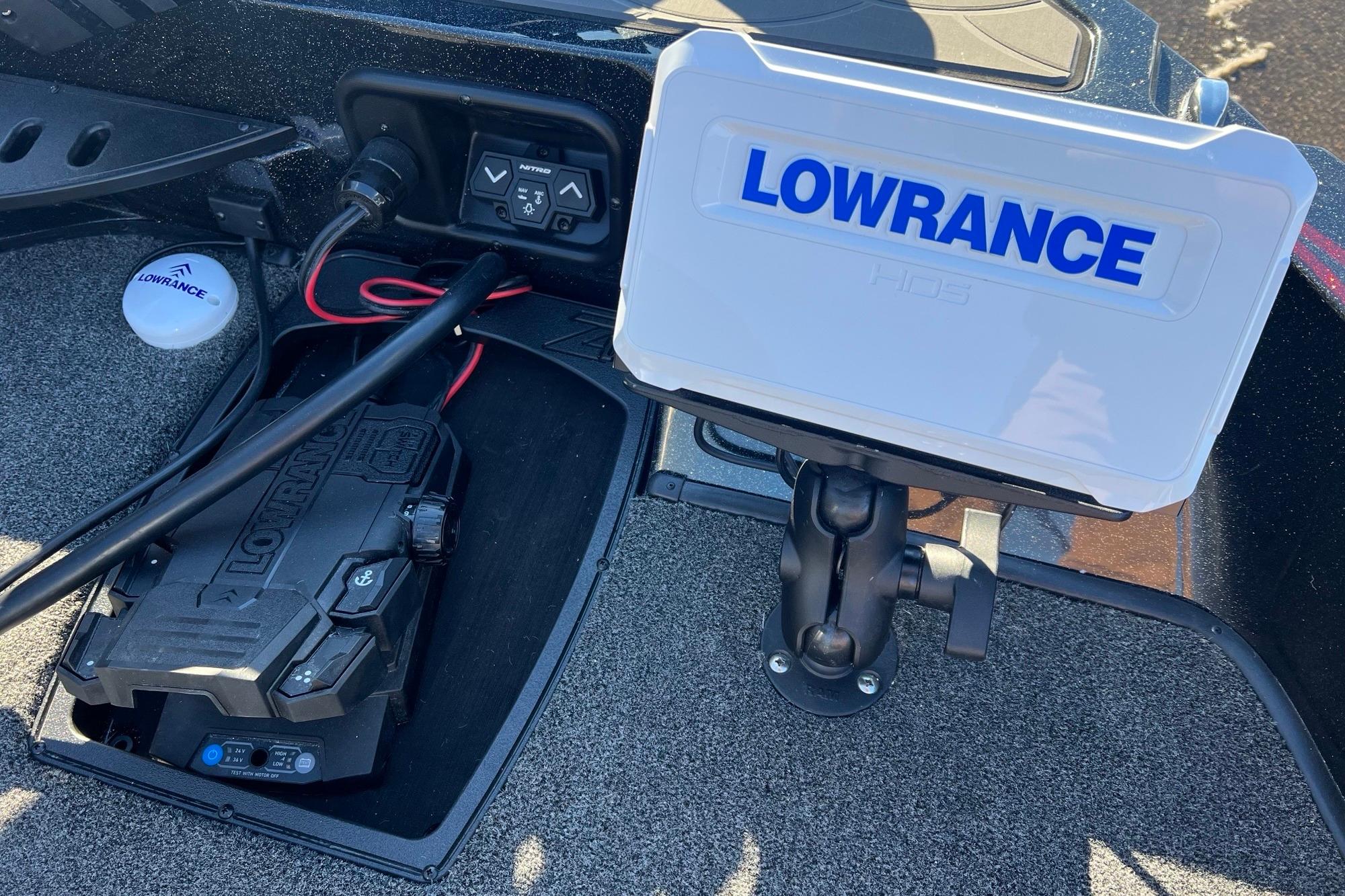 Lowrance marine electronics on Nitro ZV20 boat, 2026 model, featuring advanced navigation technology.