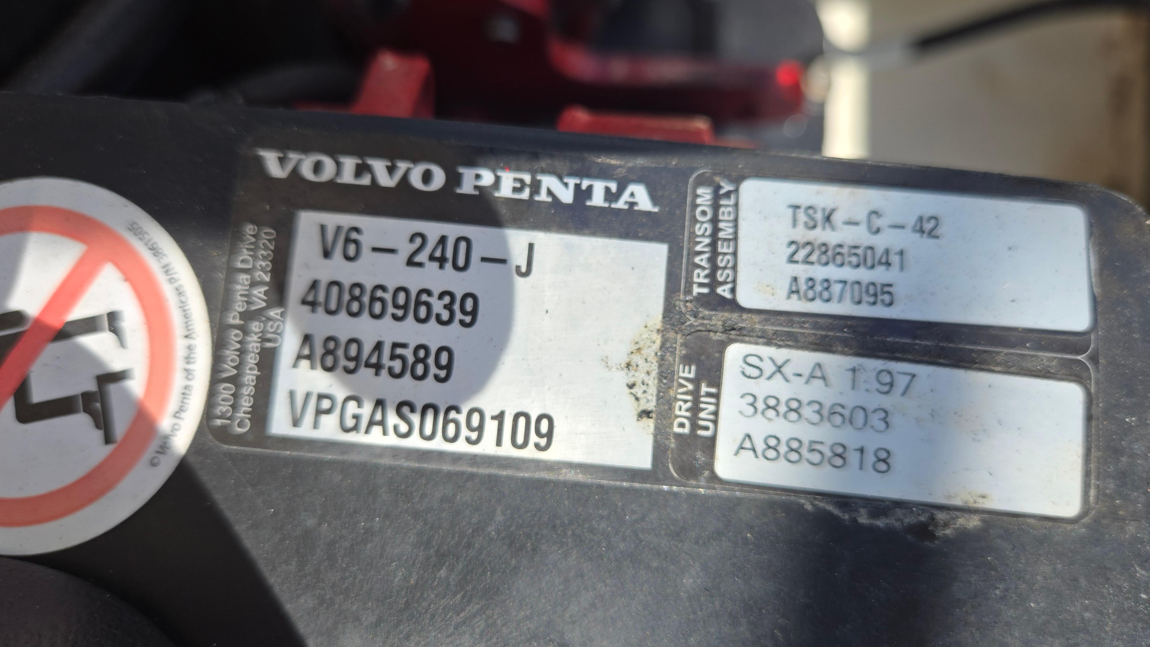 Volvo Penta engine label on 2018 Chaparral 224 Sunesta boat, showing model and serial numbers.