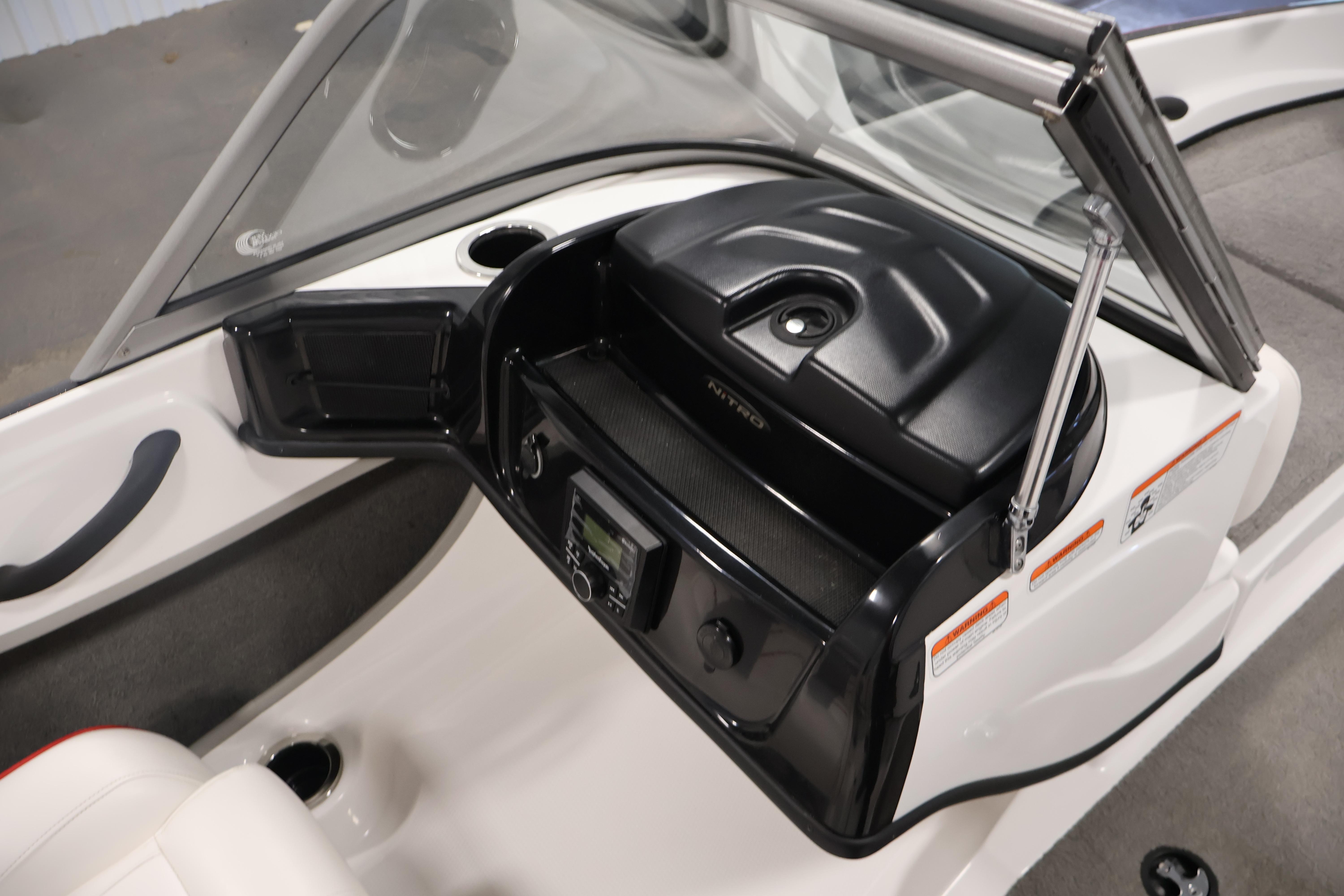 2019 Nitro Z19 Sport boat dashboard with windshield and control panel.