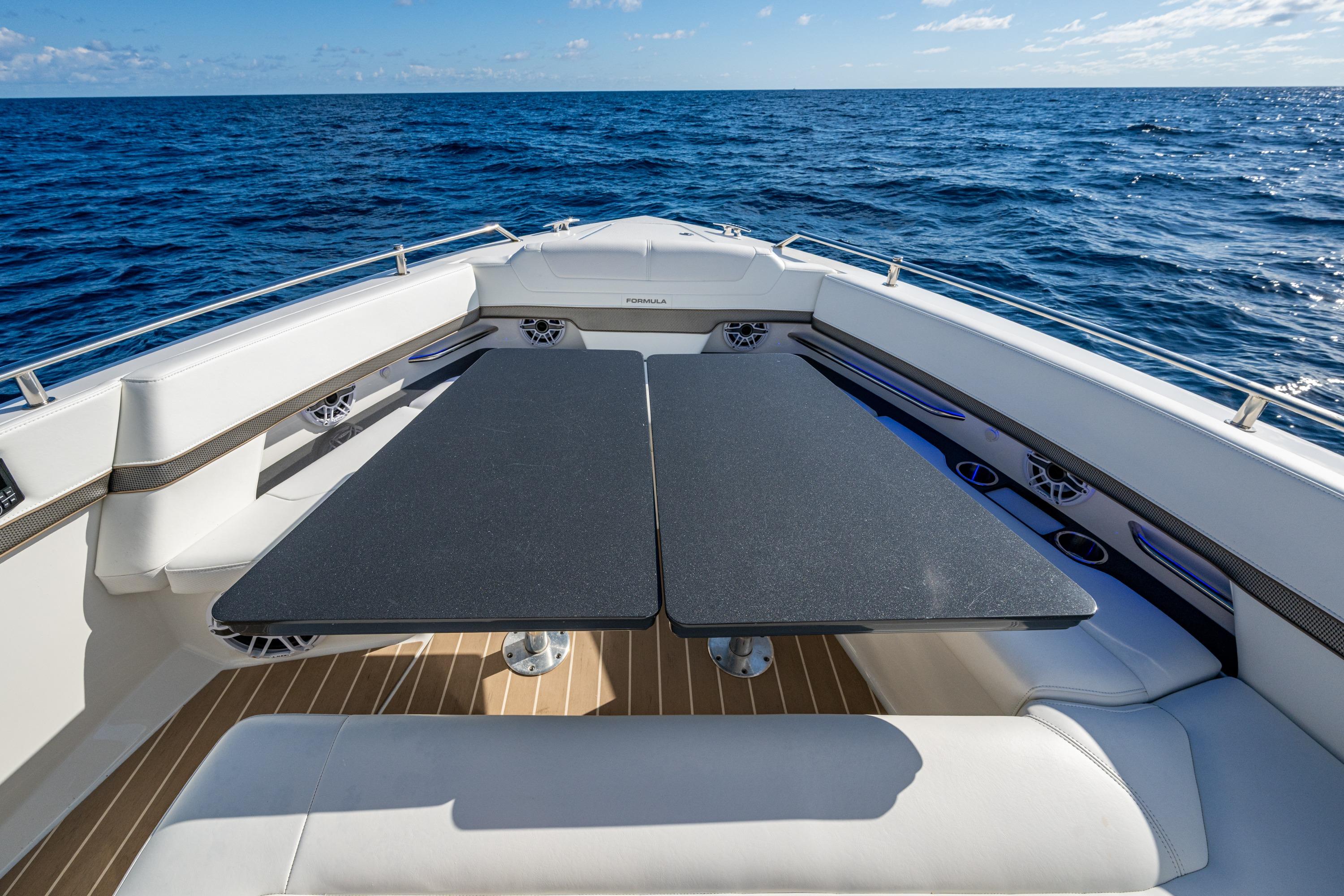 2022 Formula 380 Super Sport Crossover OB boat interior with ocean view.