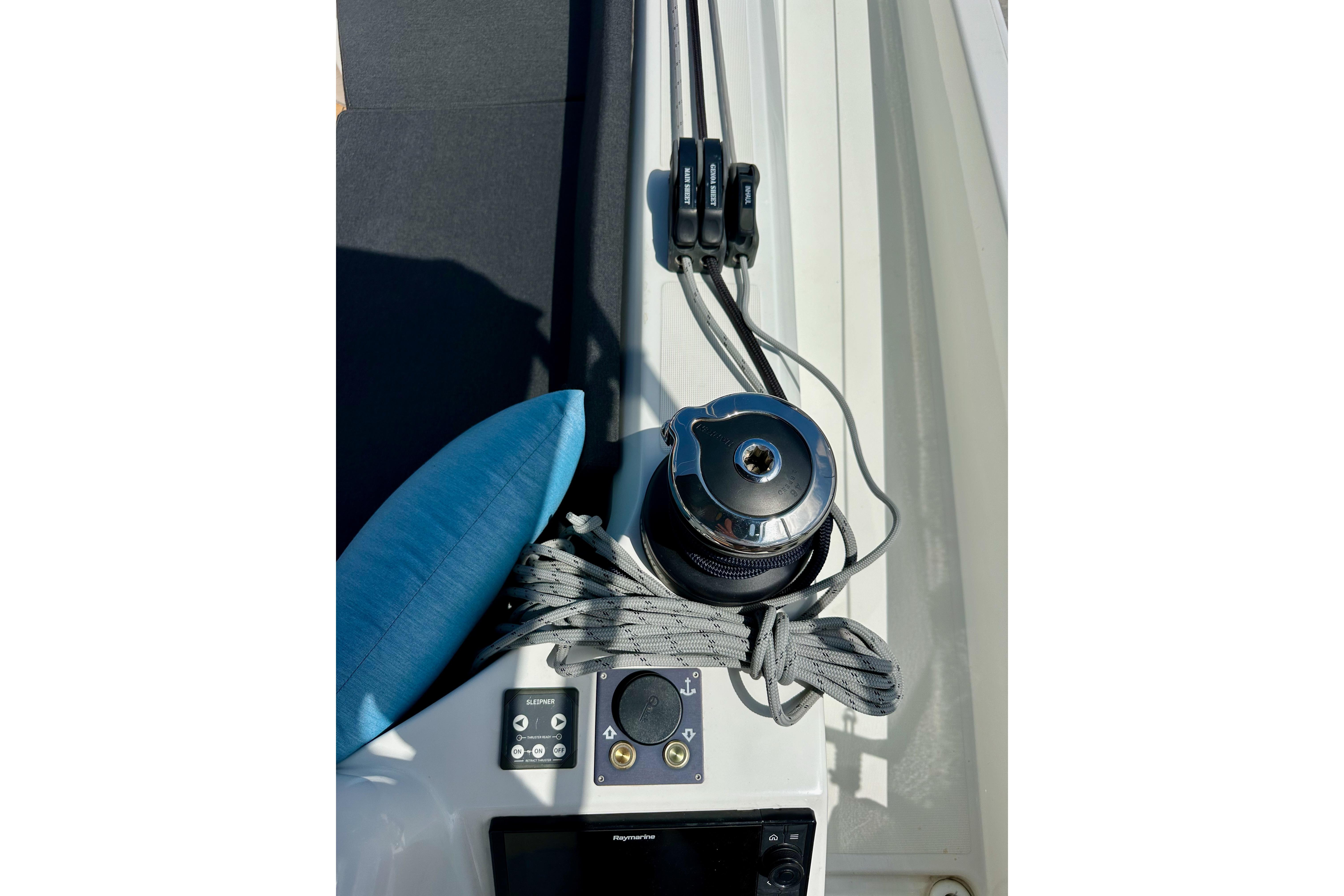 Close-up of Jeanneau Sun Odyssey 410 sailboat winch and control panel, 2024 model.