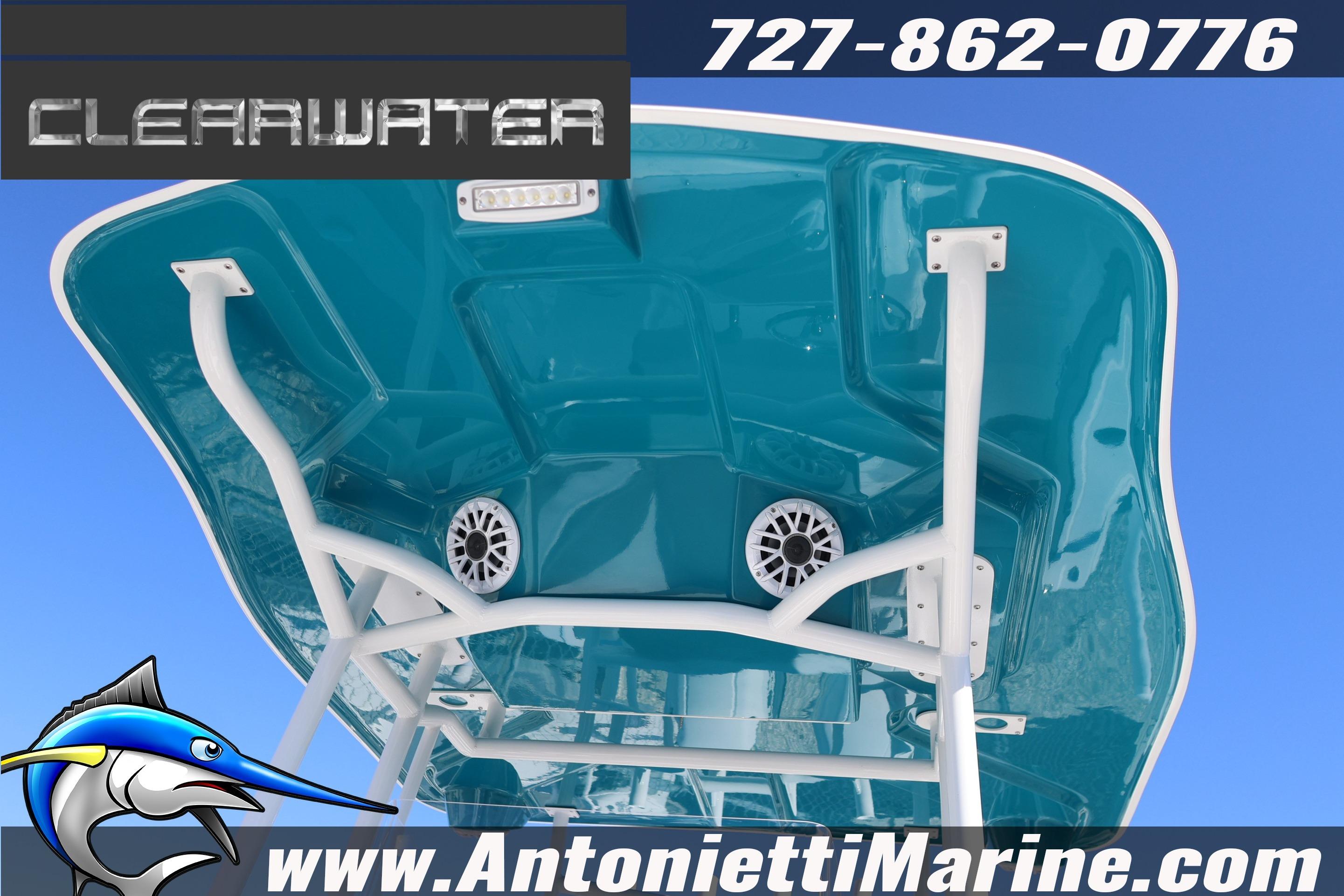 Clearwater 2300 boat canopy with speakers, featuring Antonietti Marine branding and contact information.