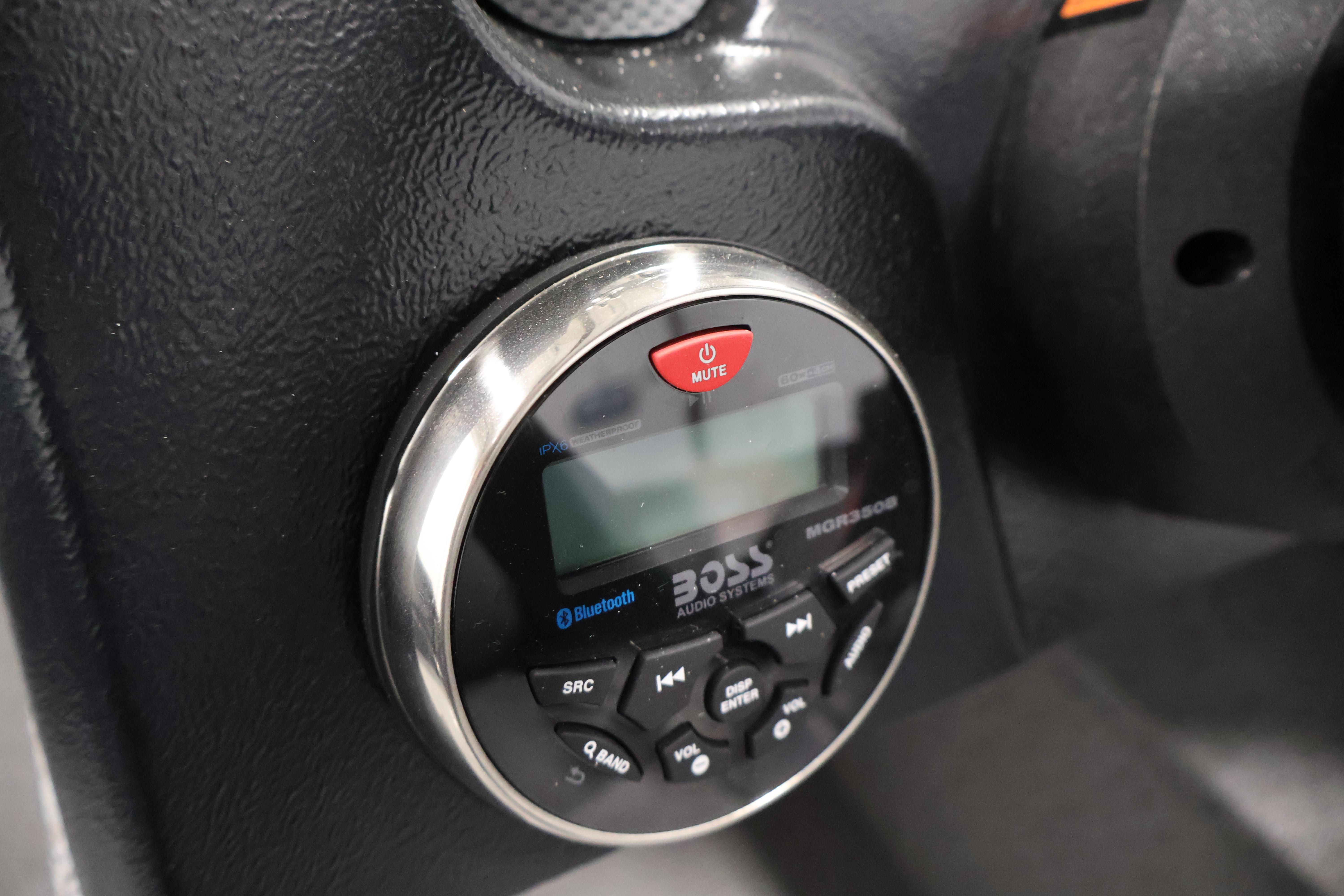Close-up of Boss audio system in 2026 Crestliner 1850 Kodiak SC boat.