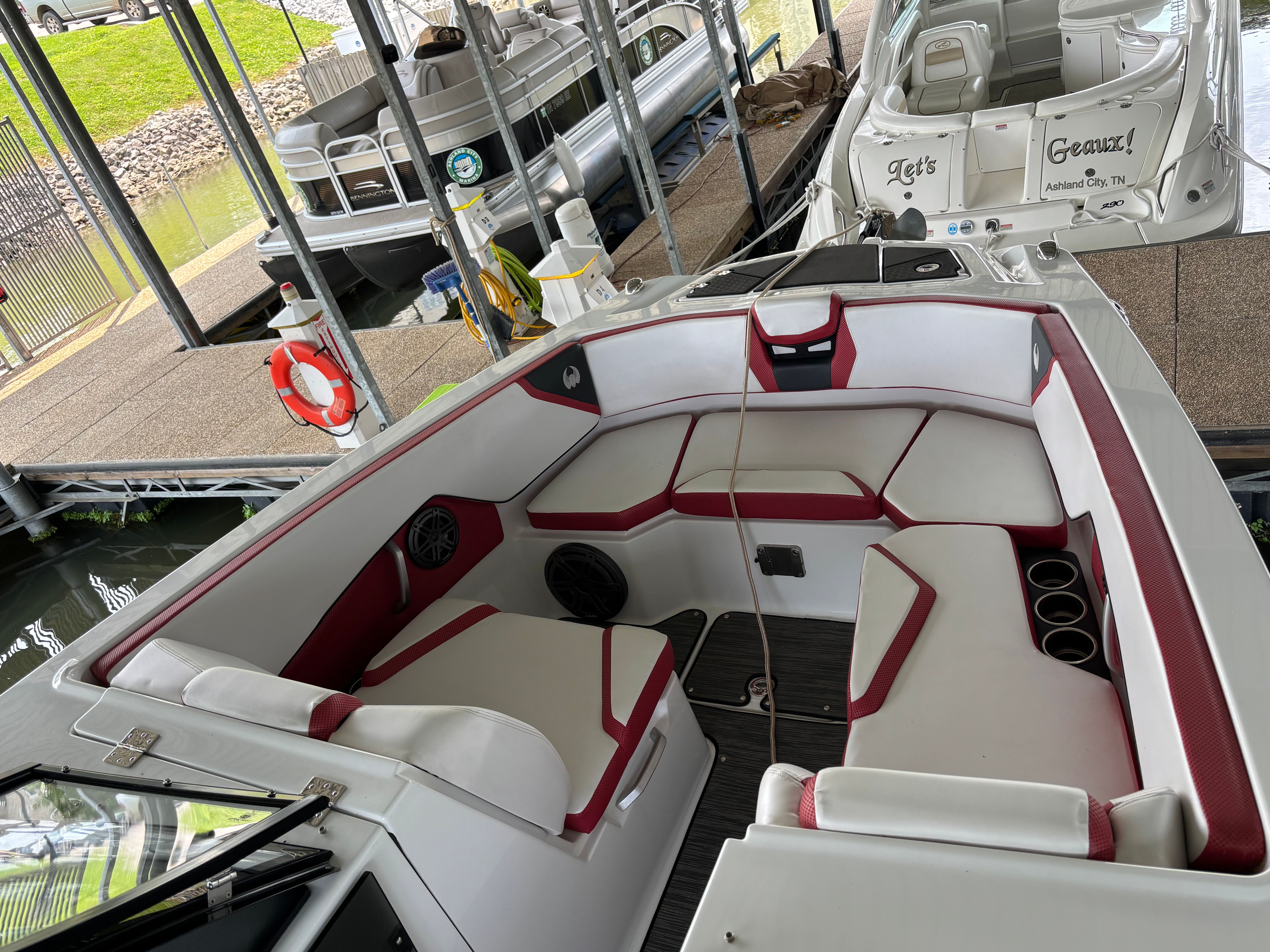 Interior of a 2021 Scarab 285 ID boat at the dock.