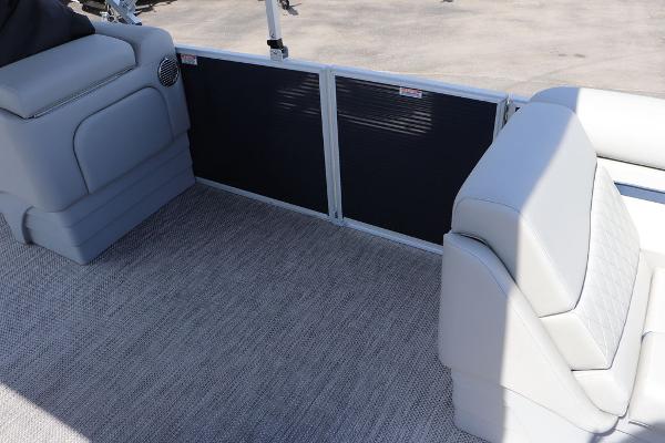 2024 Bennington 21 SSR pontoon boat interior with gray seating and carpet.