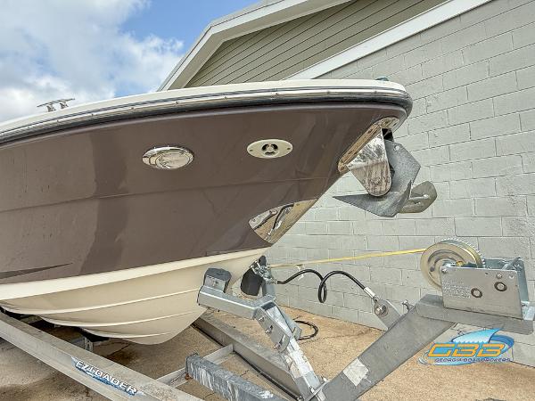 2008 Sea Ray 270 SLX boat on trailer, close-up of bow and anchor.