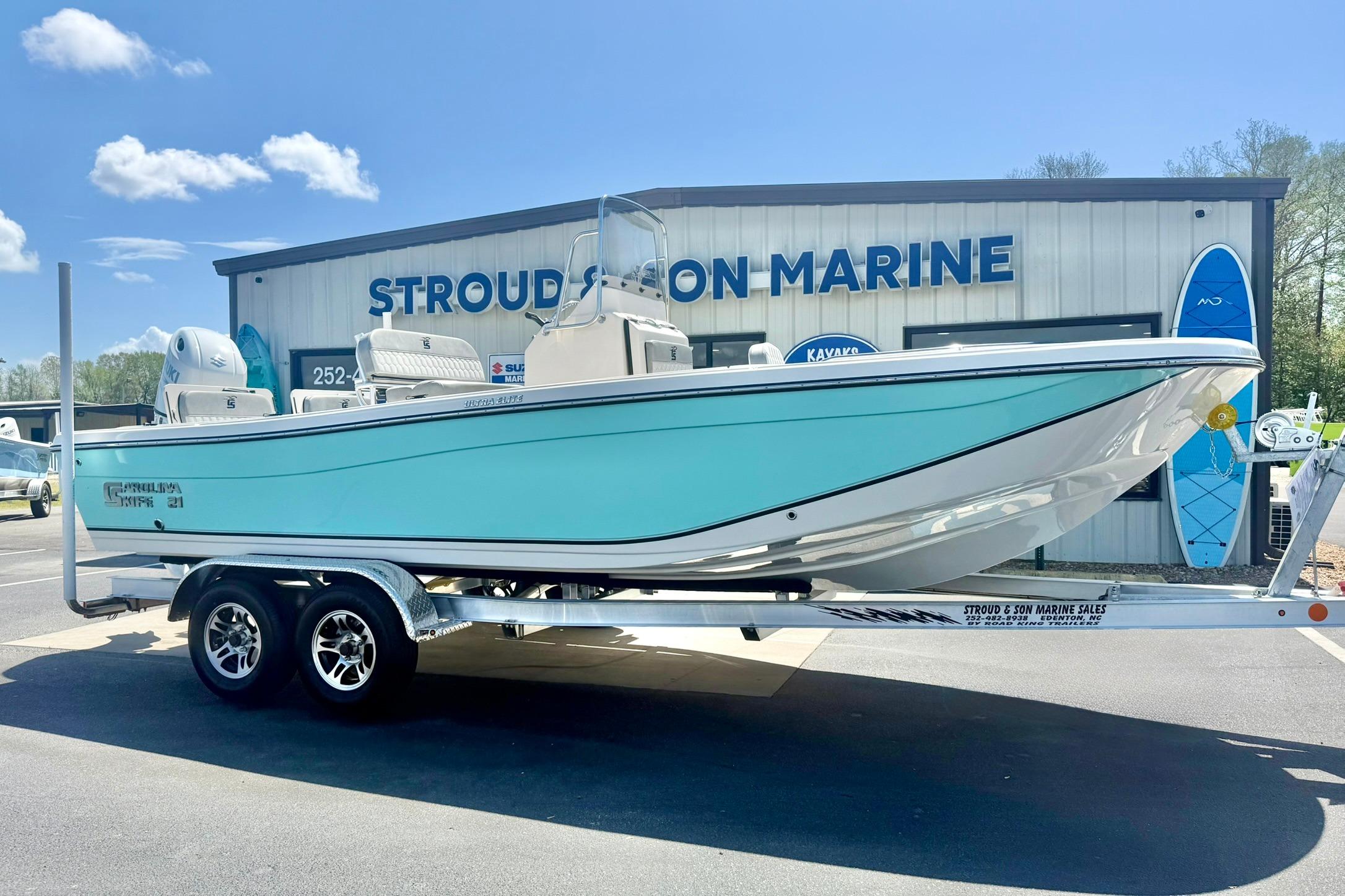 2026 Carolina Skiff 21 Ultra Elite boat on trailer at Stroud Son Marine.