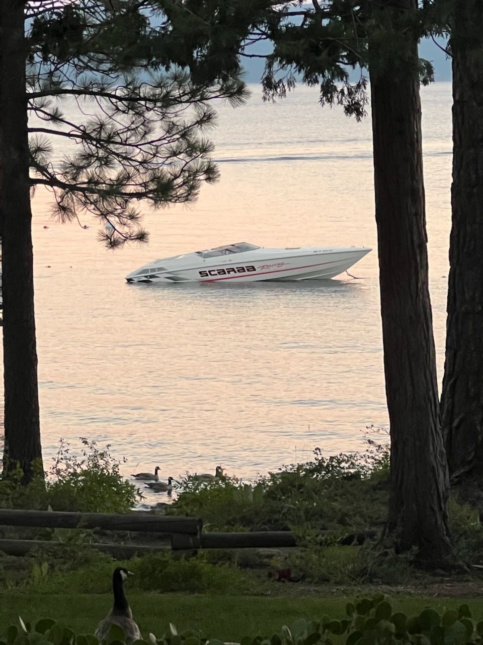 1997 Wellcraft 29 Scarab boat on a tranquil lake at sunset.