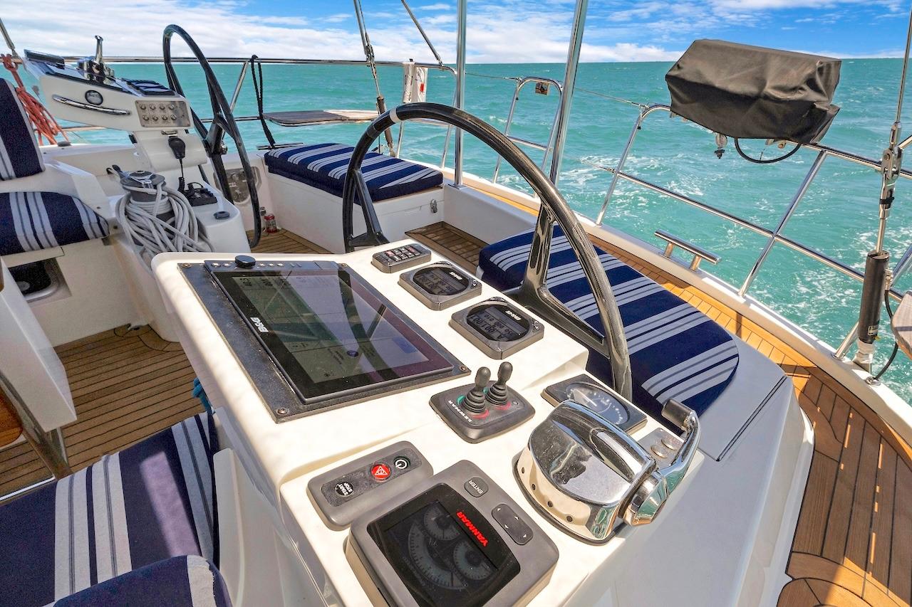 Cockpit of 2011 Southerly 57 RS yacht with navigation controls and ocean view.