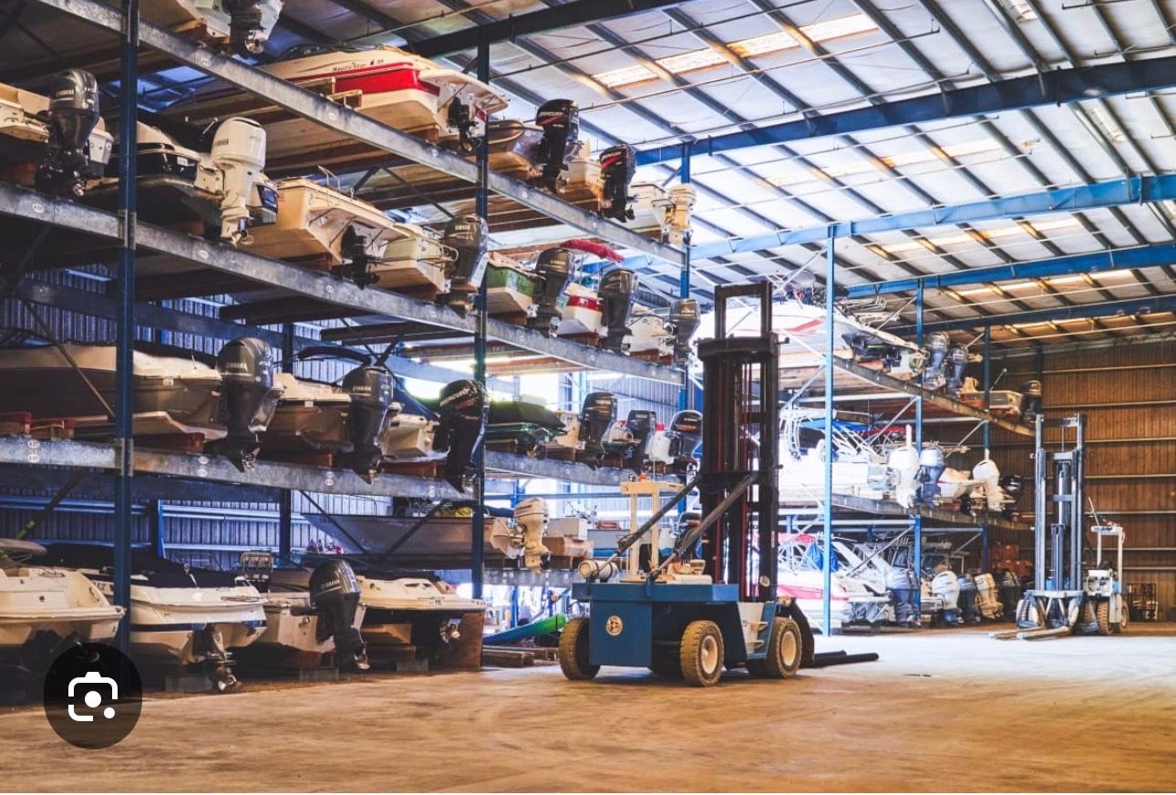 Warehouse storing Chaparral 256 SSX boats, 2020 model.