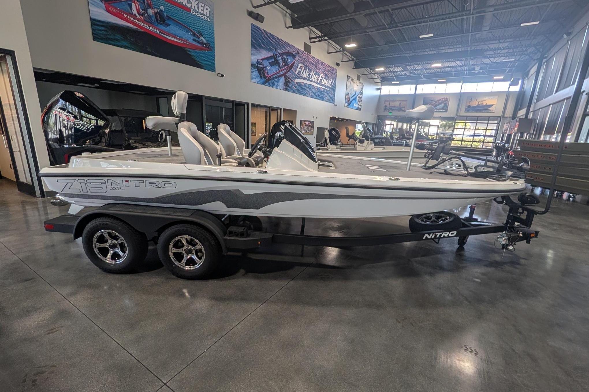 2026 Nitro Z19 XL Pro boat displayed in a showroom with sleek design and modern features.