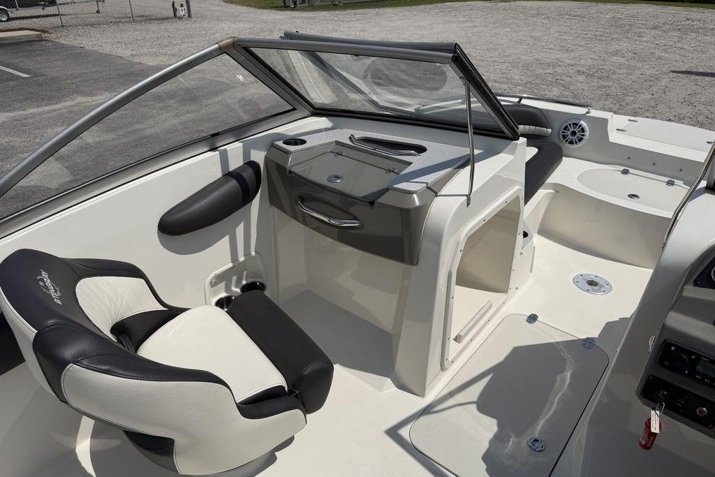 2019 Stingray 201 DS boat interior with seating and console, showcasing modern design.