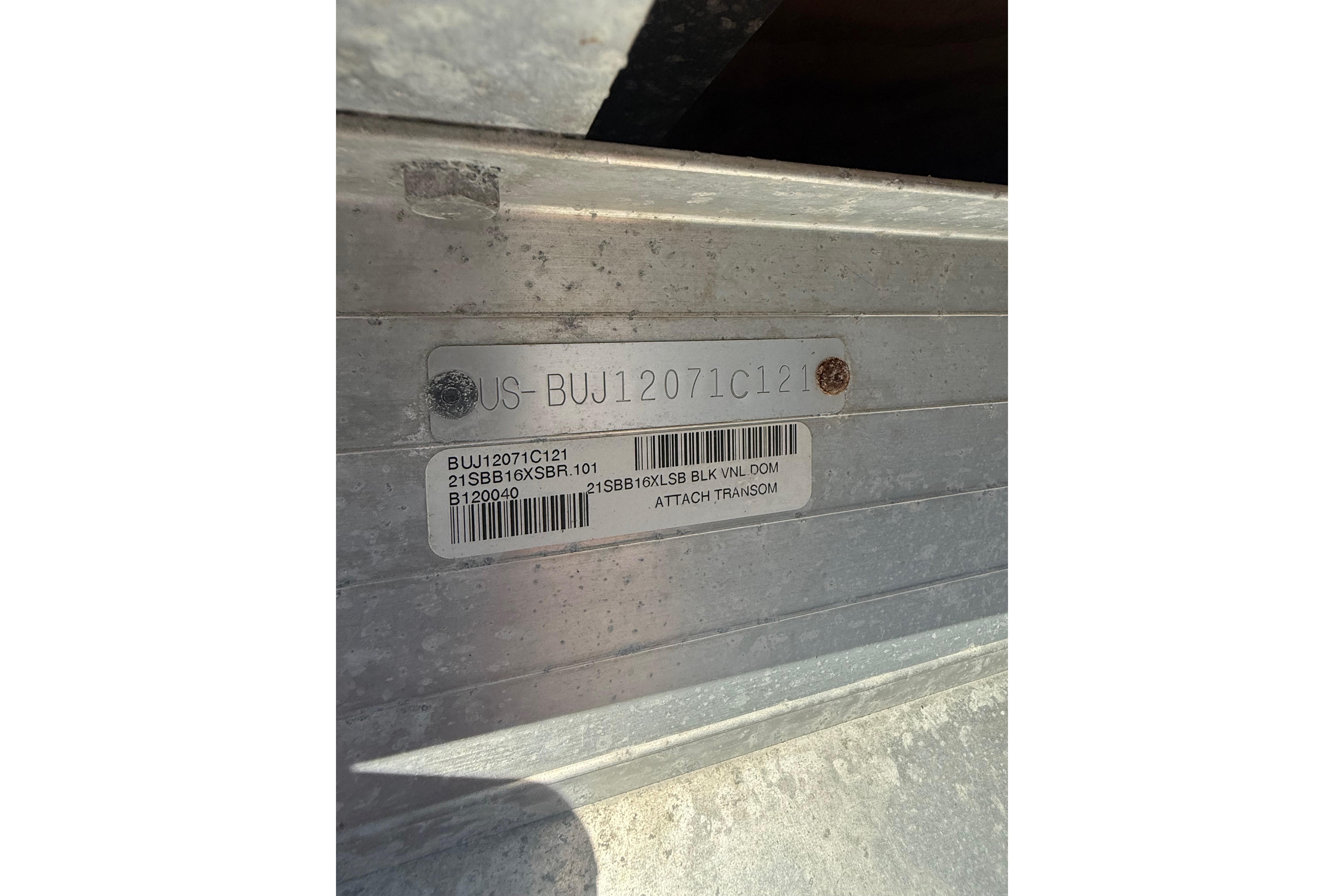 Close-up of a 2021 Sun Tracker Bass Buggy 16 XL Select identification plate.